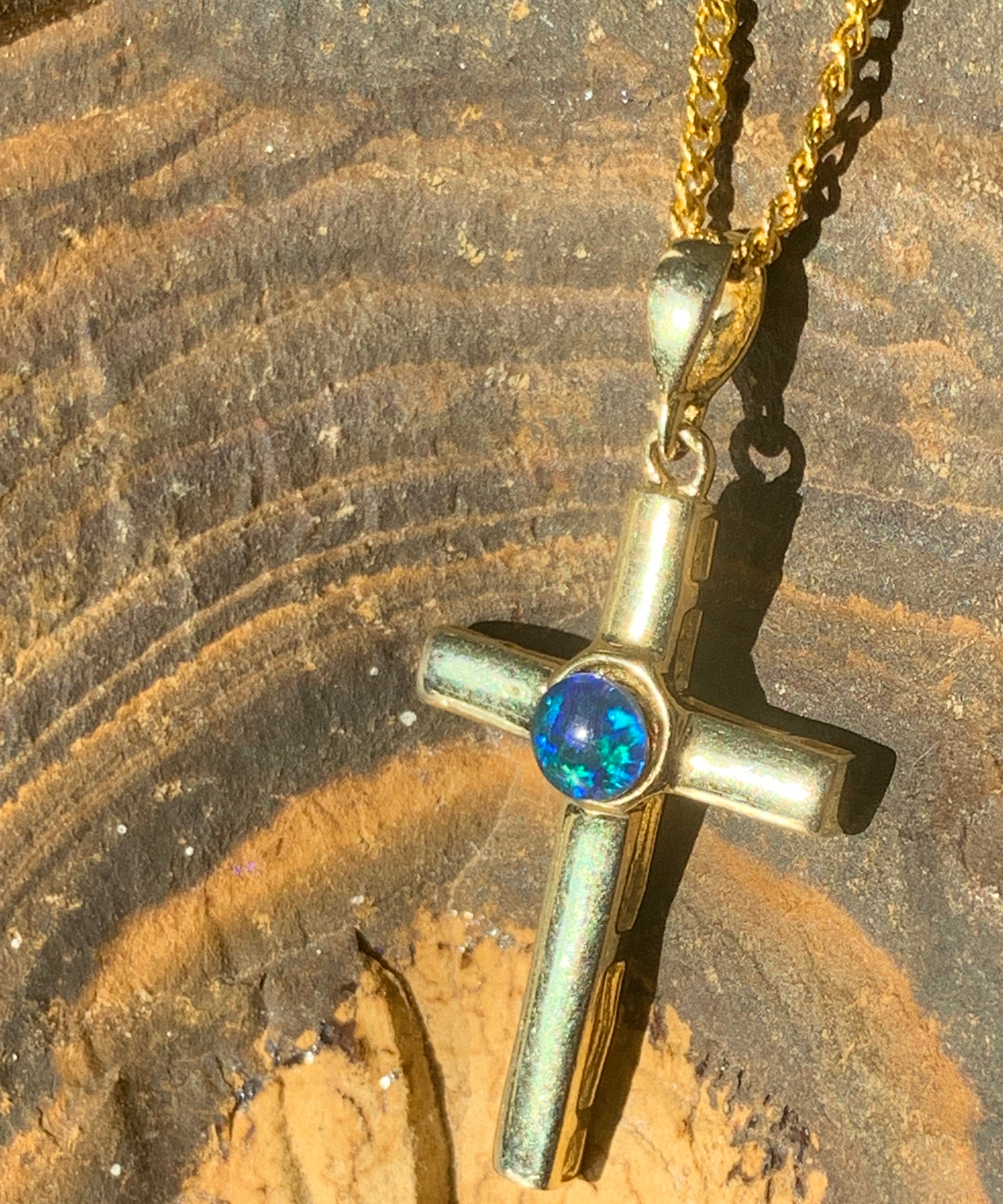 Sterling Silver Gold plated cross with 5mm Opal triplet - Masterpiece Jewellery Opal & Gems Sydney Australia | Online Shop