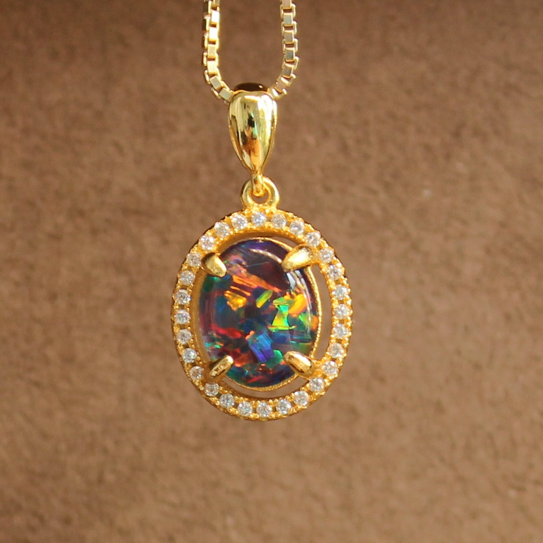 Sterling Silver Gold Plated halo Opal Triplet pendant - Masterpiece Jewellery Opal & Gems Sydney Australia | Online Shop
