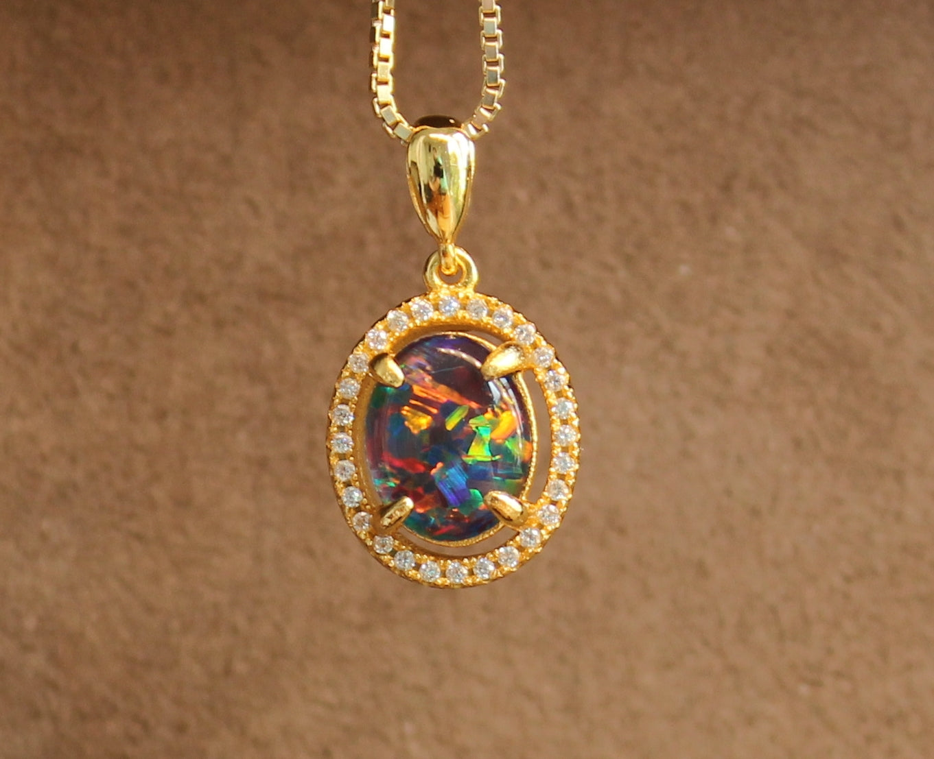 Sterling Silver Gold Plated halo Opal Triplet pendant - Masterpiece Jewellery Opal & Gems Sydney Australia | Online Shop