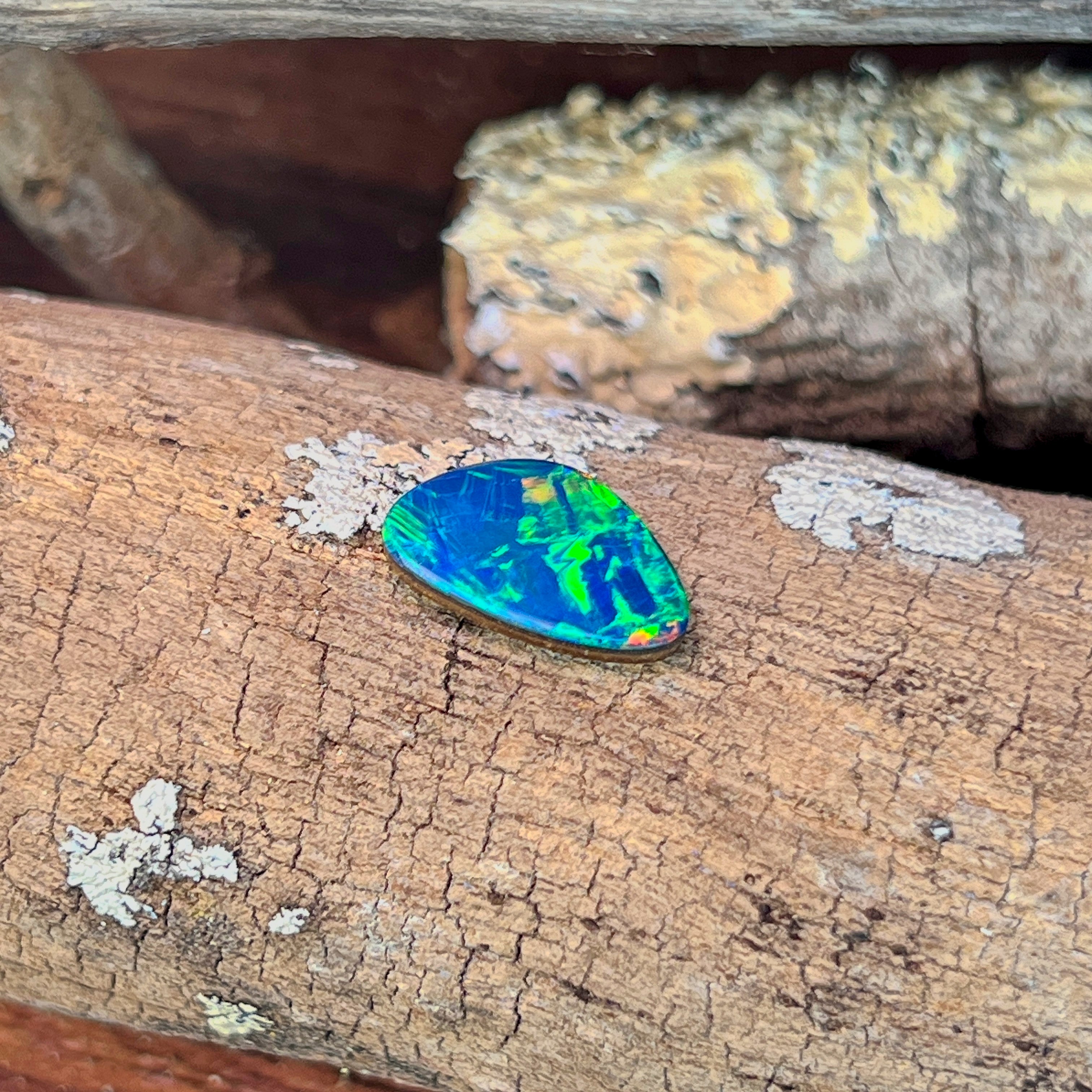 Loose 2.46ct freeform Australian opal doublet resting on weathered driftwood