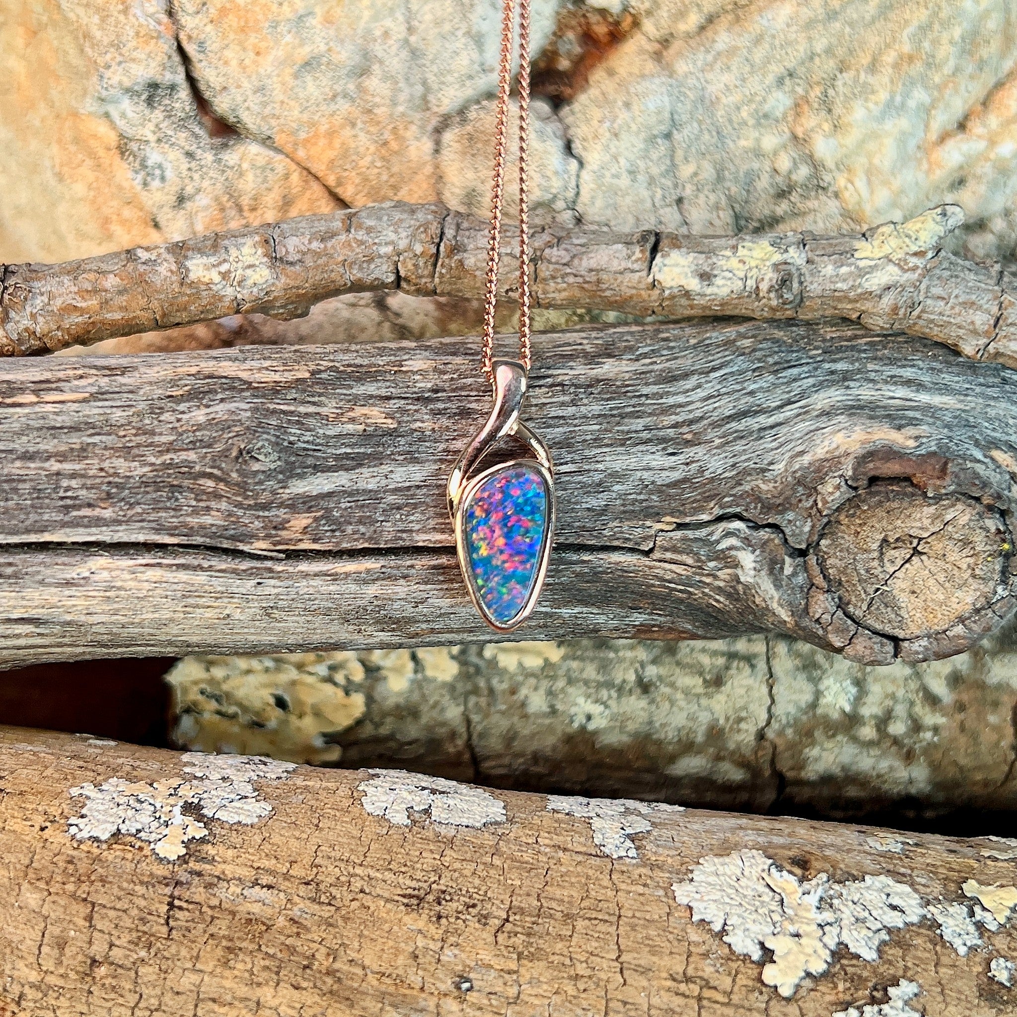 11 x 5.5mm Australian opal doublet pendant in rose gold-plated silver, blue, yellow, green and red