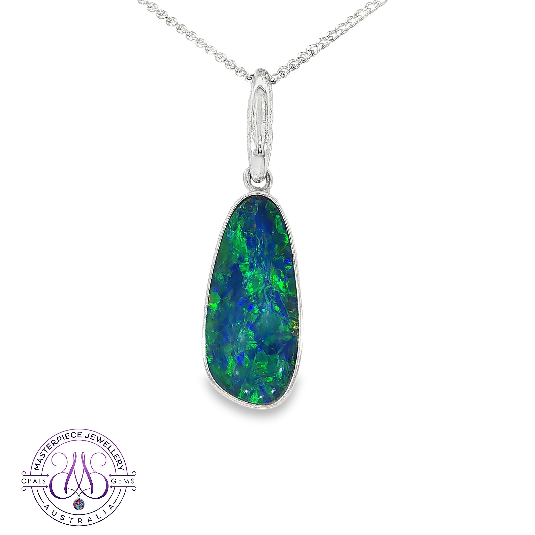 Freeform opal doublet pendant necklace in sterling silver with vivid green and blue colour