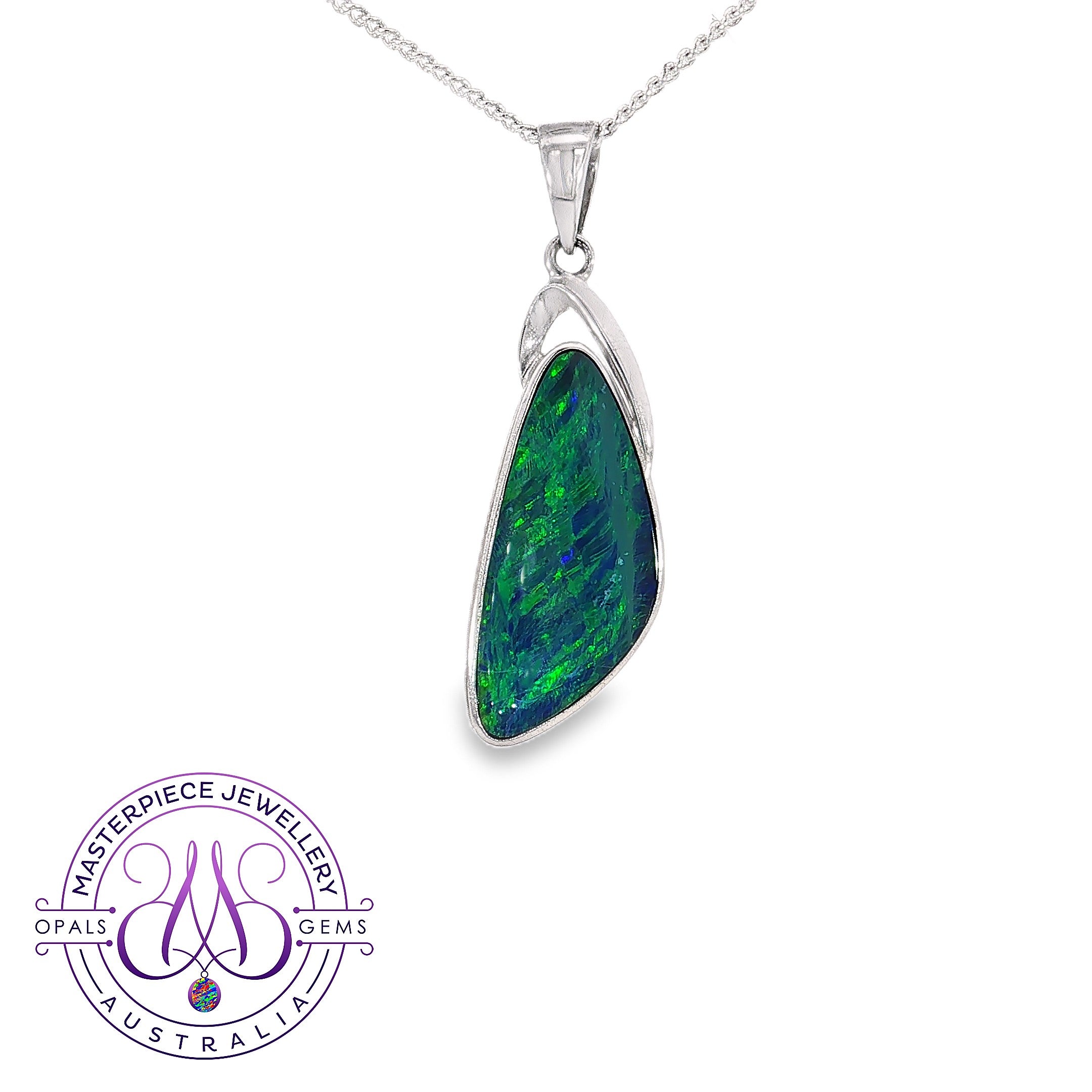 Triangular freeform opal doublet pendant necklace in sterling silver, green and blue