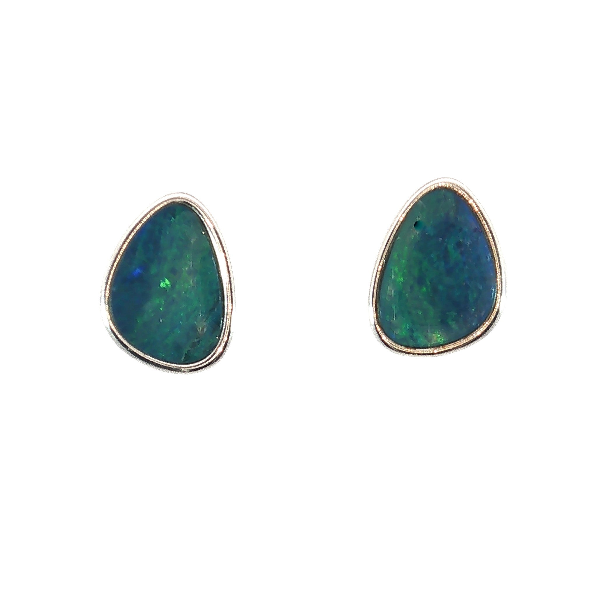 10 x 8mm triangular Australian opal doublet earrings in sterling silver