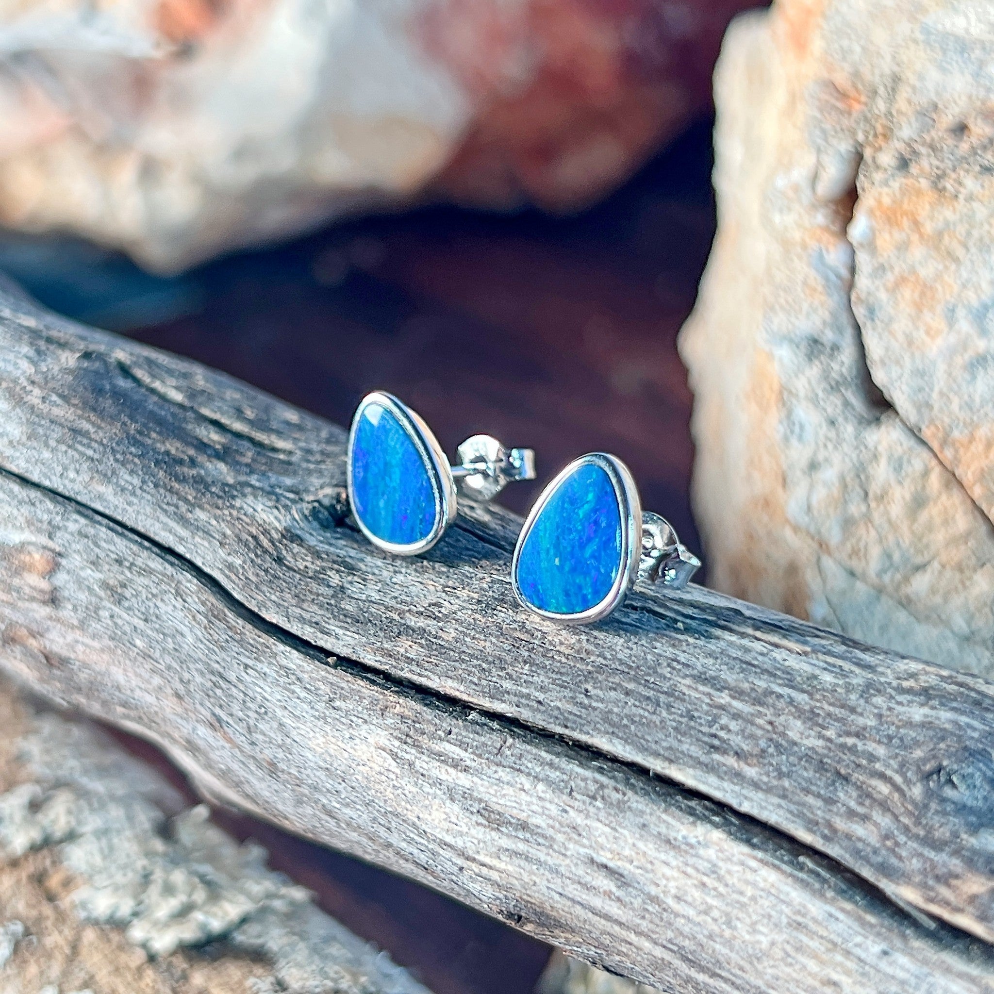 Australian opal doublet earrings, sterling silver, 10 x 8mm stones showing blue and green