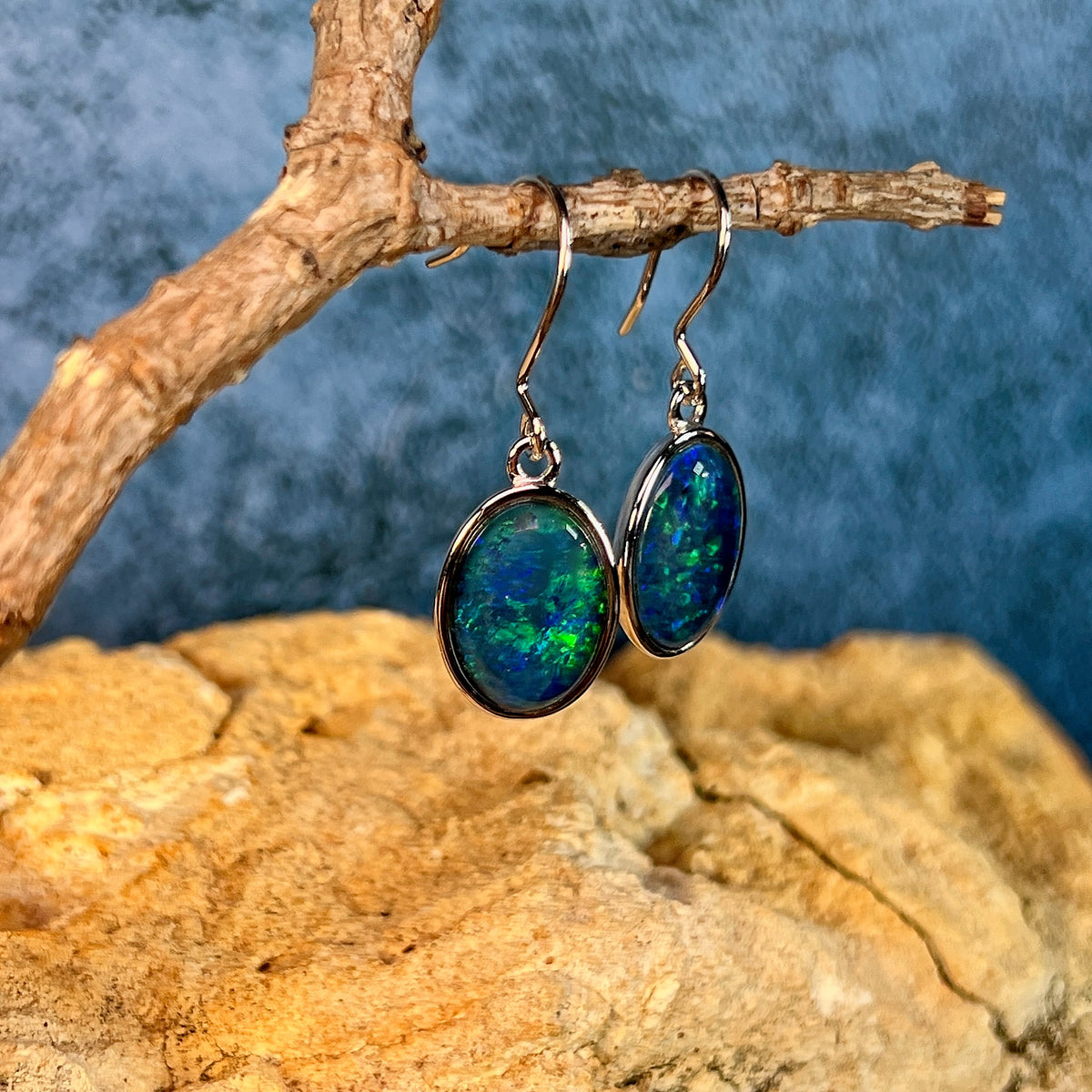 sterling silver Australian opal triplet earrings with 14 x 11mm oval stones