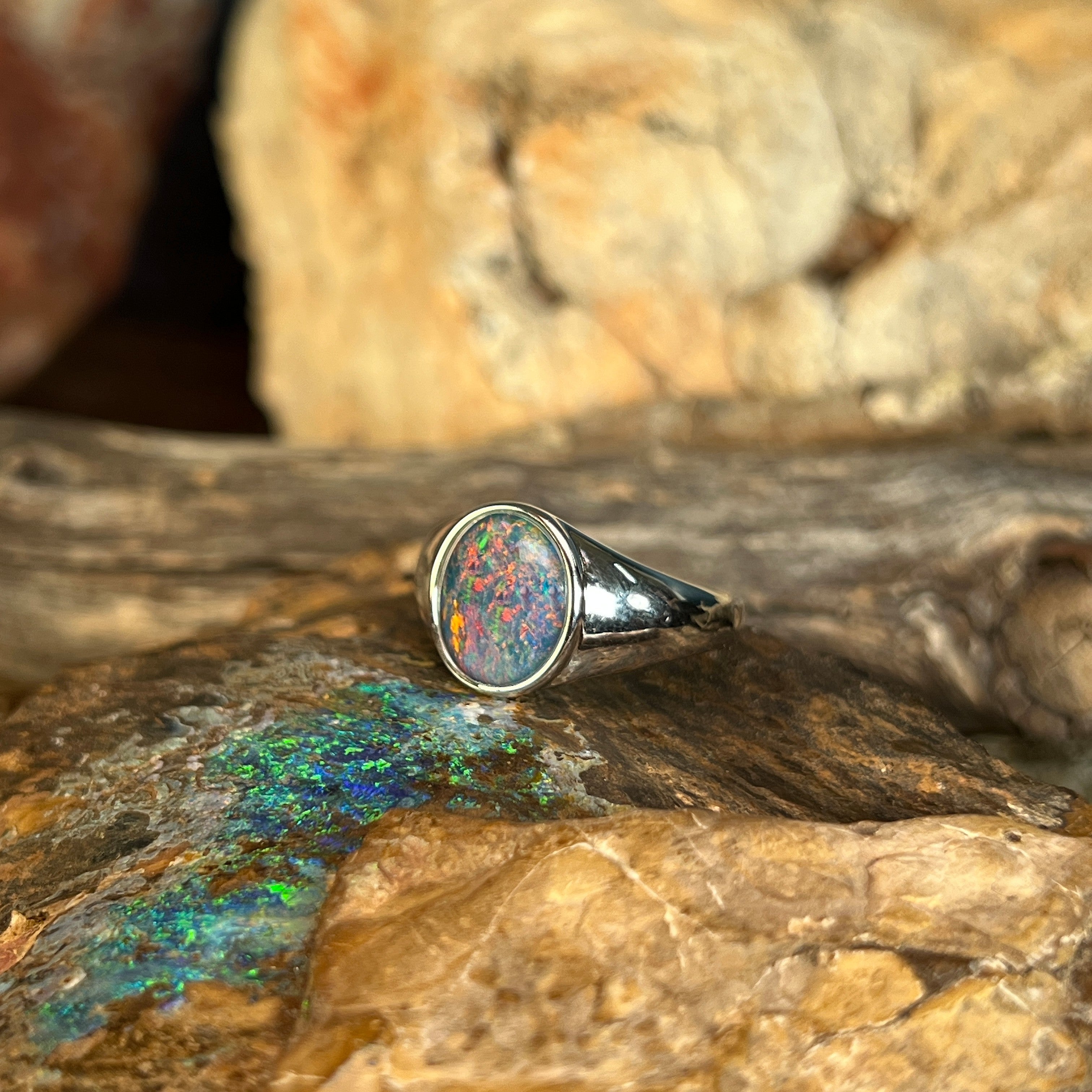 sterling silver Australian opal triplet ring with a 12 x 10mm oval stone