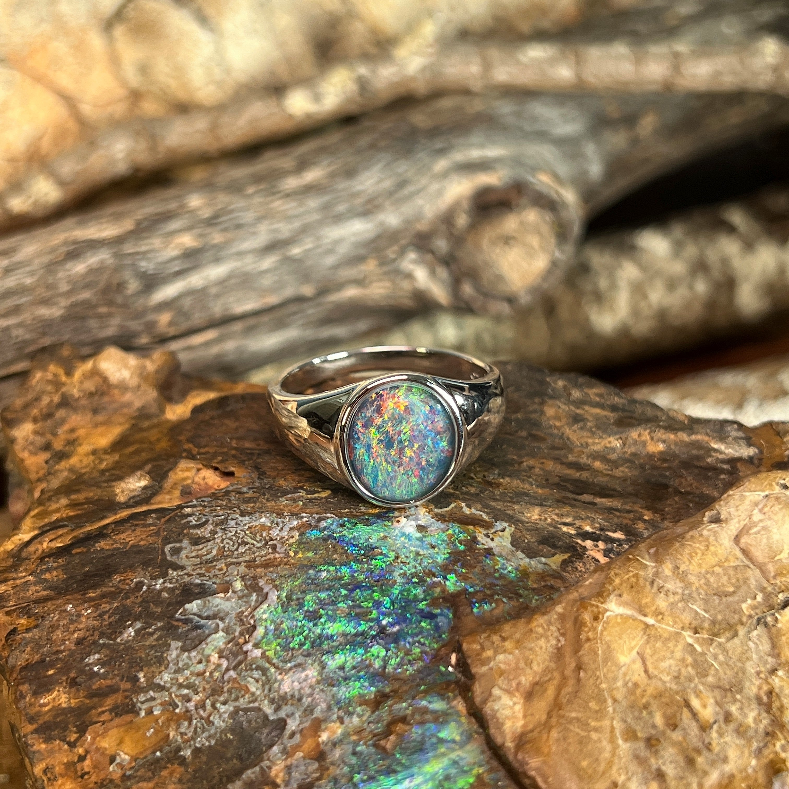 Australian opal triplet ring in sterling silver, oval stone, ring size US 10