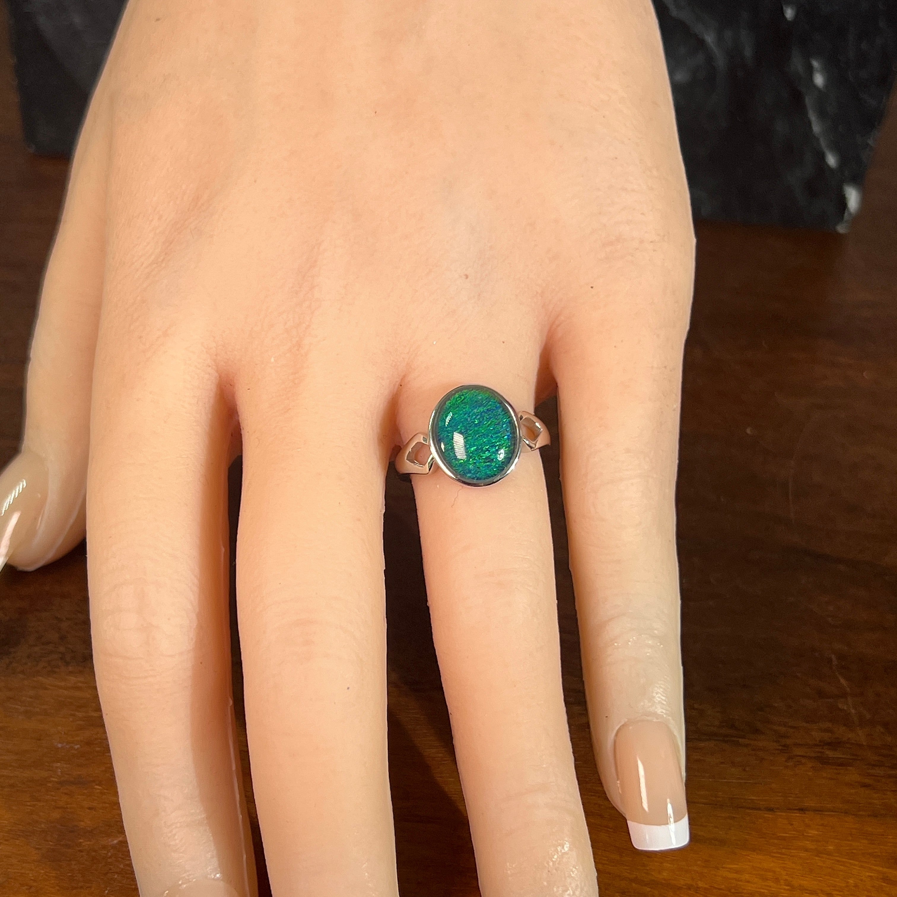 Australian opal triplet ring worn on the hand, sterling silver, ring size US 6