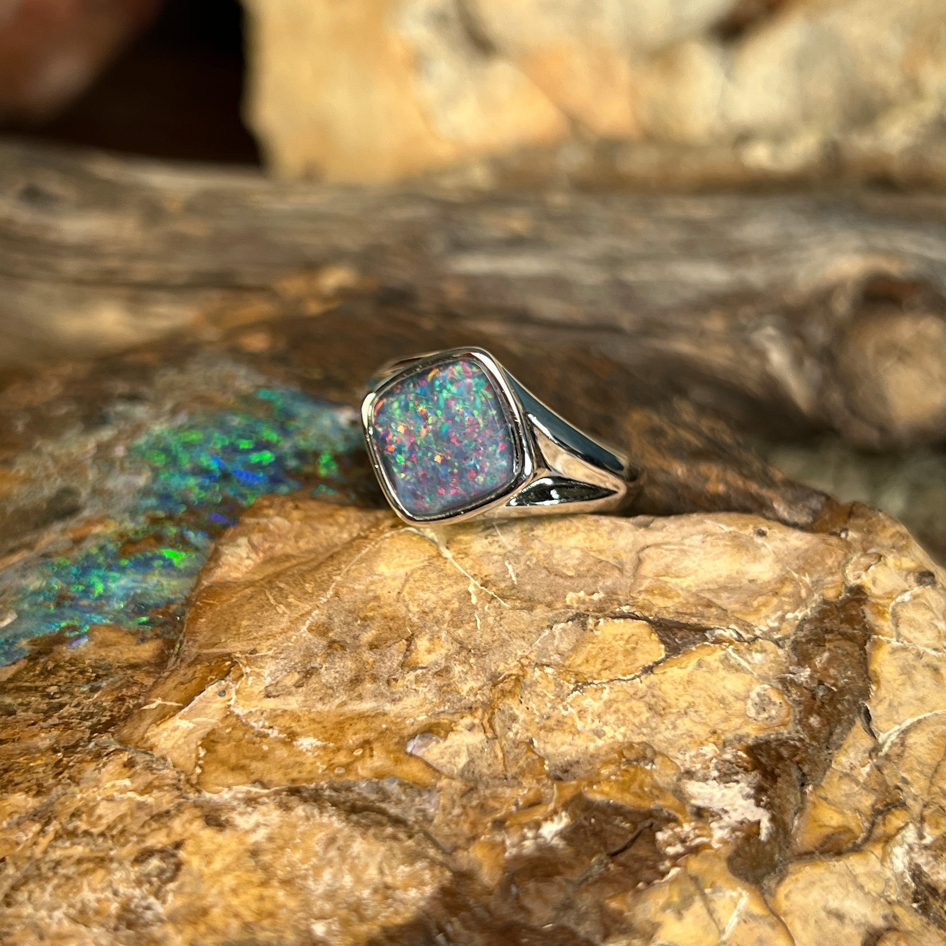 10 x 10mm Australian opal triplet ring in sterling silver, red, blue and green
