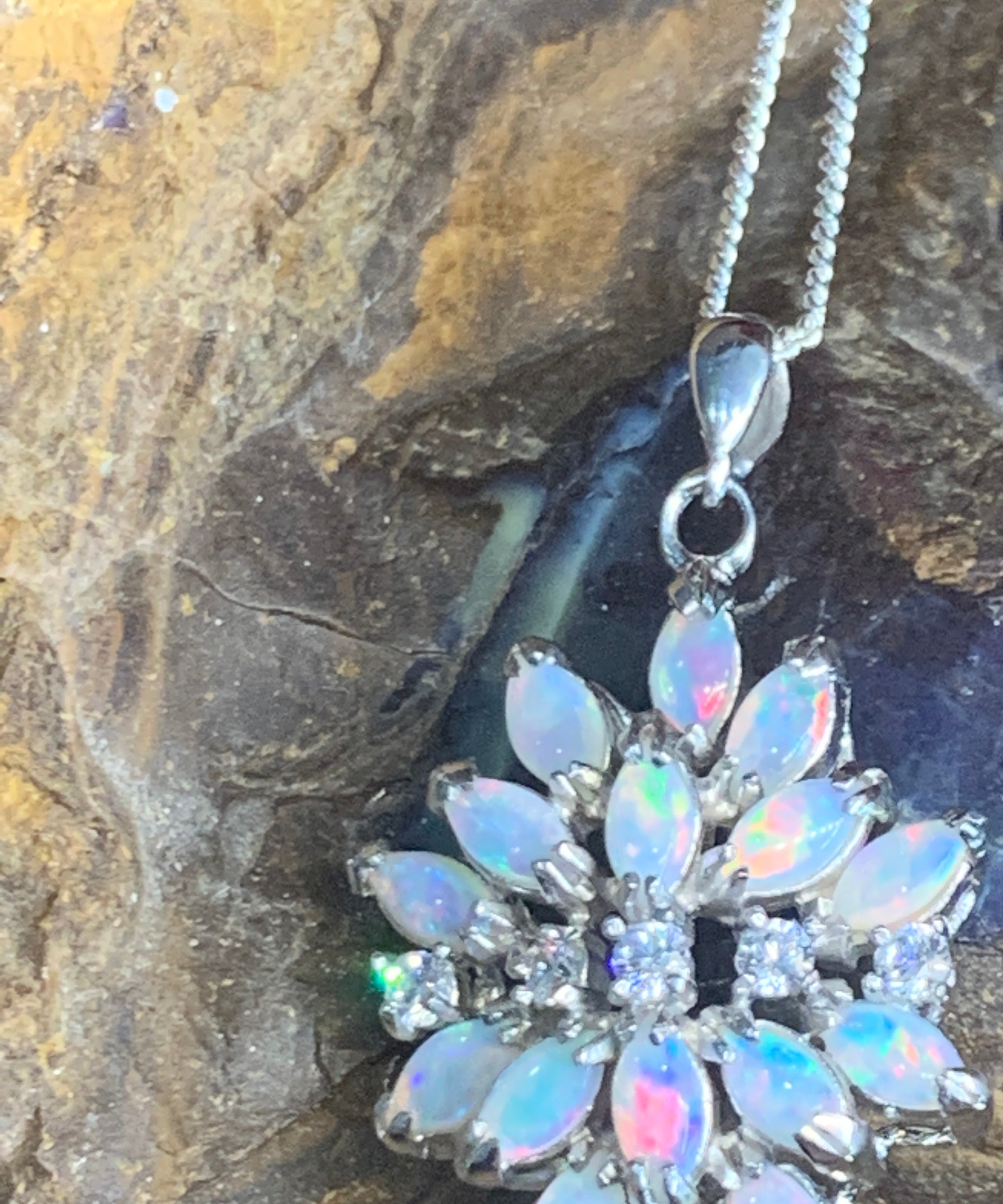 Sterling Silver cluster white opal lotus pendant - Masterpiece Jewellery Opal & Gems Sydney Australia | Online Shop