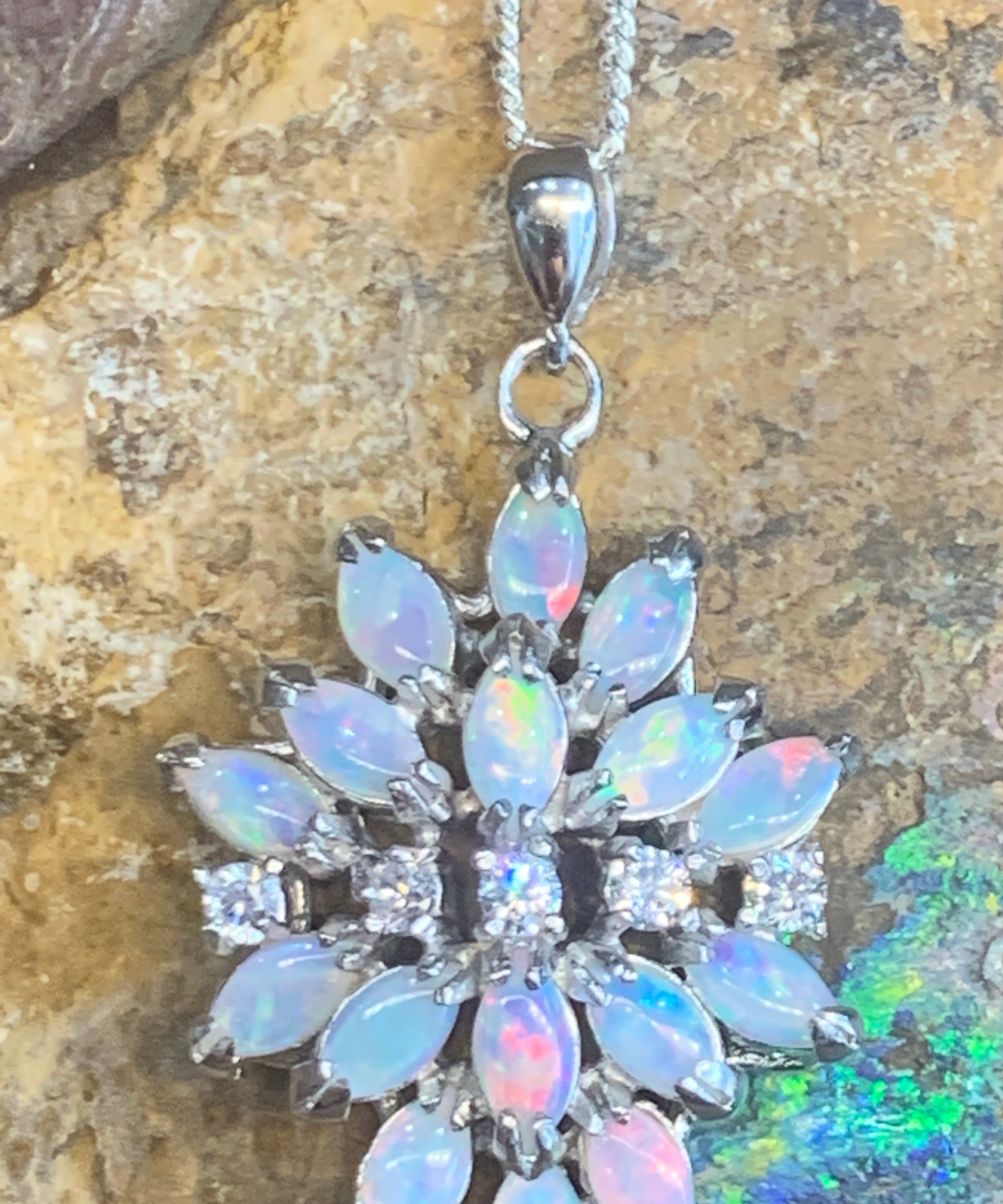 Sterling Silver cluster white opal lotus pendant - Masterpiece Jewellery Opal & Gems Sydney Australia | Online Shop