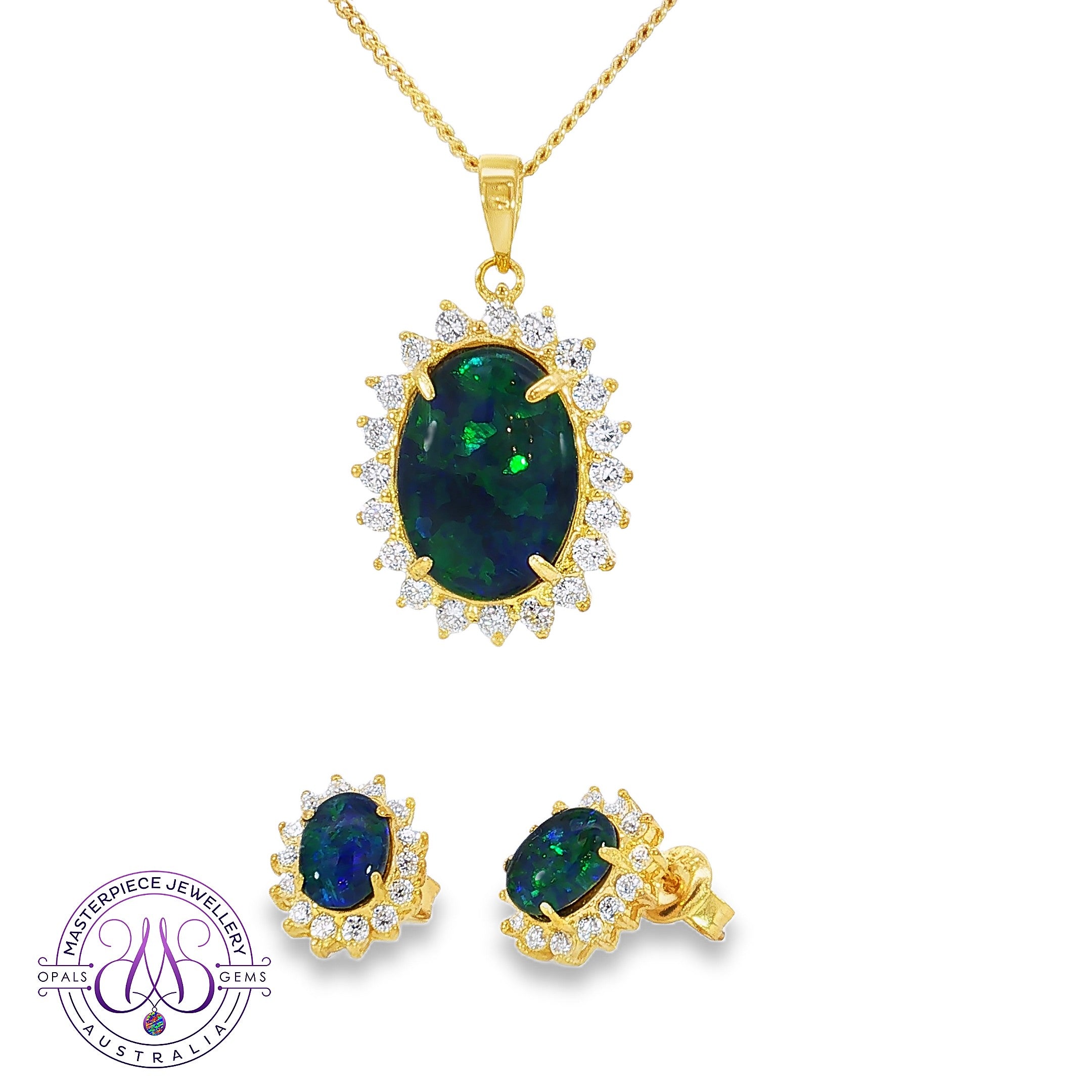 14x10mm opal triplet halo pendant and 7x5mm cluster earring set in gold-plated silver