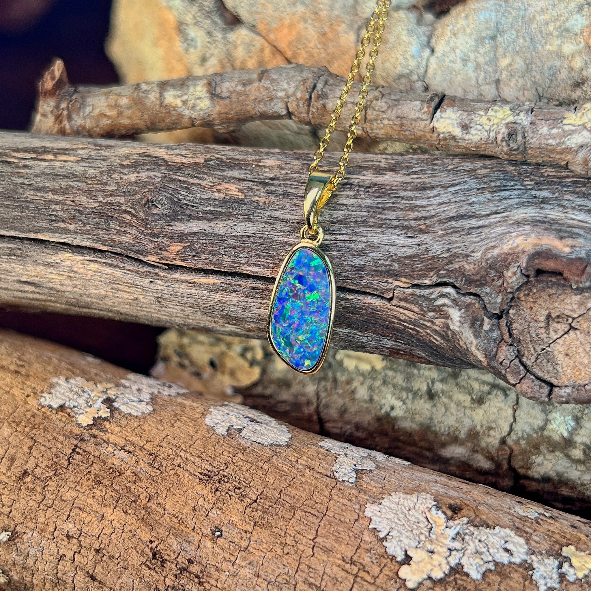 yellow gold-plated silver Australian opal doublet pendant with a 15 x 7mm freeform stone