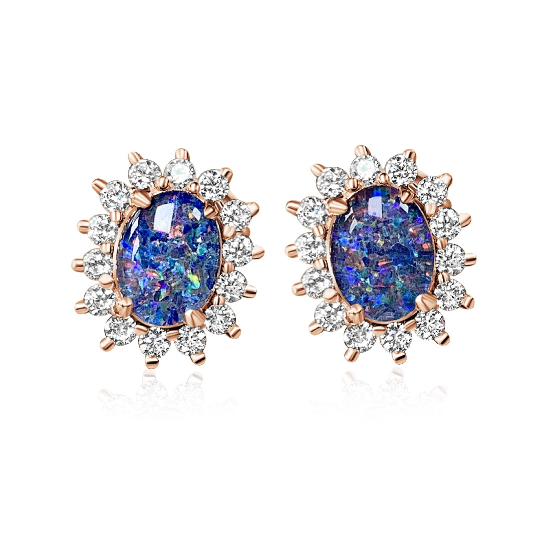 Rose Gold plated silver cluster earrings 8x6mm Opal triplets - Masterpiece Jewellery Opal & Gems Sydney Australia | Online Shop