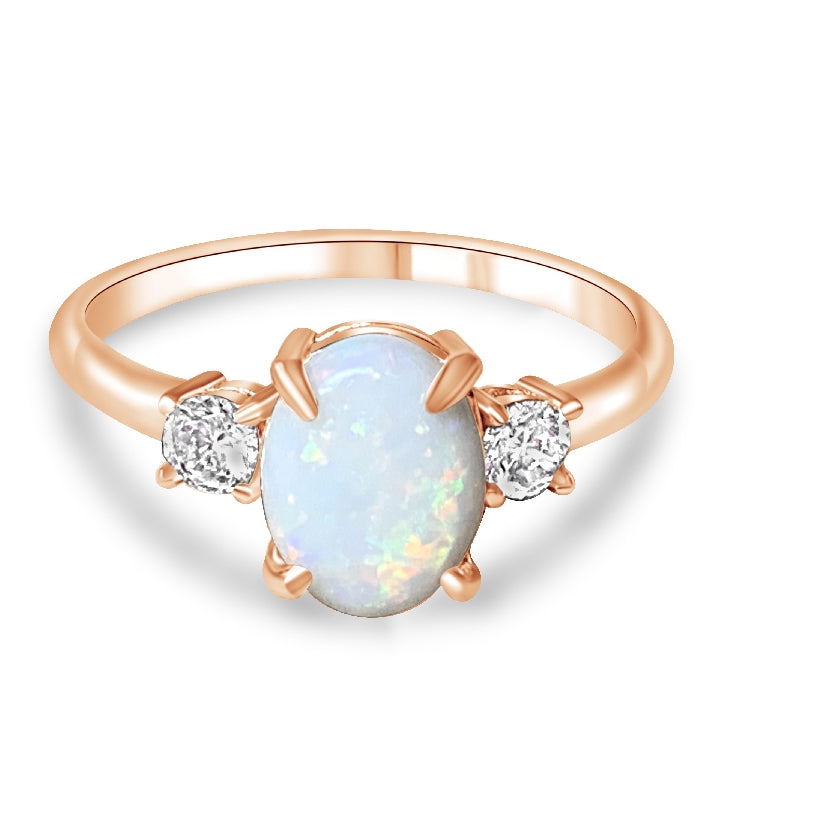 Silver rose gold plated 9x7mm White Opal trilogy ring - Masterpiece Jewellery Opal & Gems Sydney Australia | Online Shop