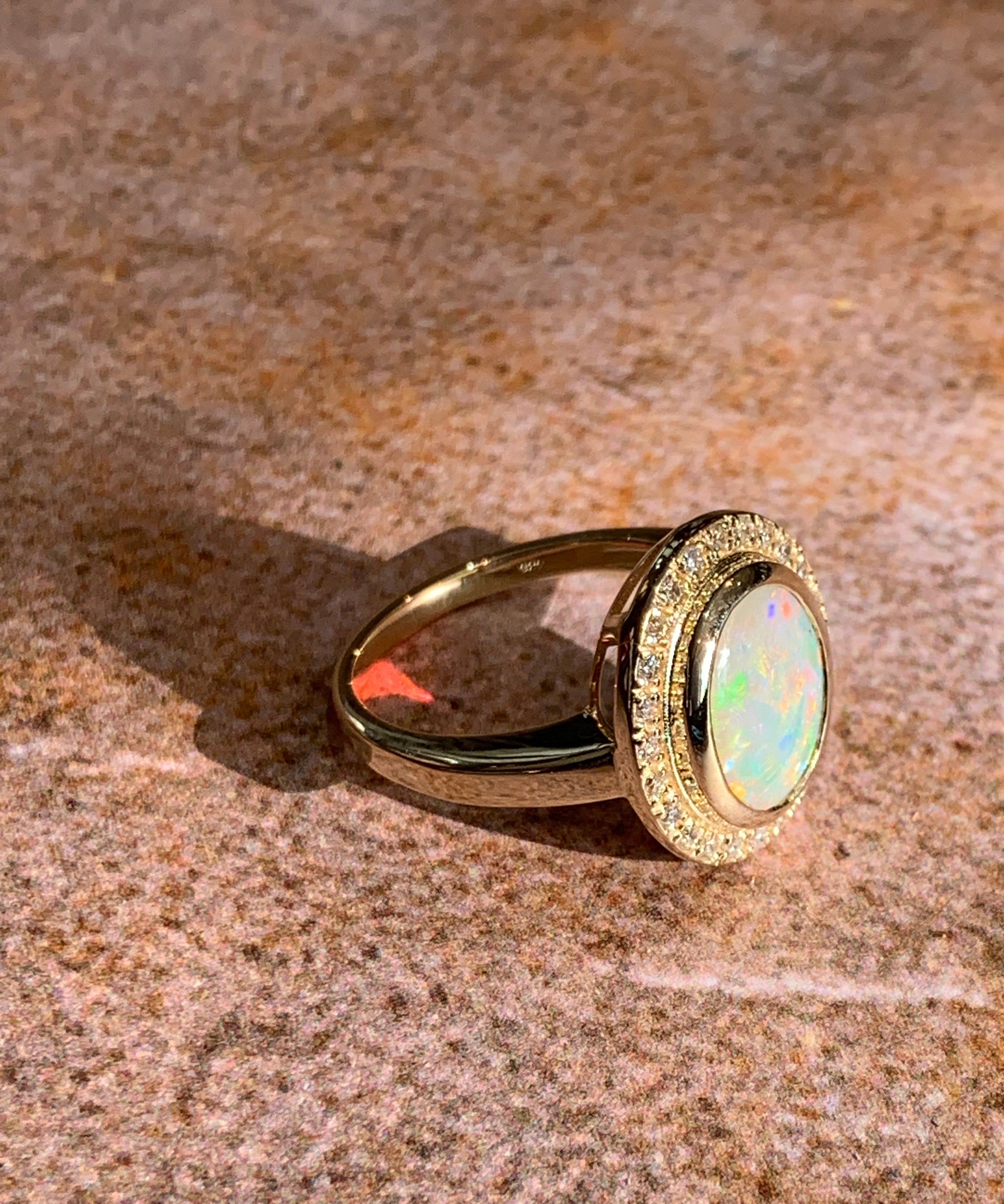 14kt Yellow Gold White Fire Opal and diamond ring - Masterpiece Jewellery Opal & Gems Sydney Australia | Online Shop