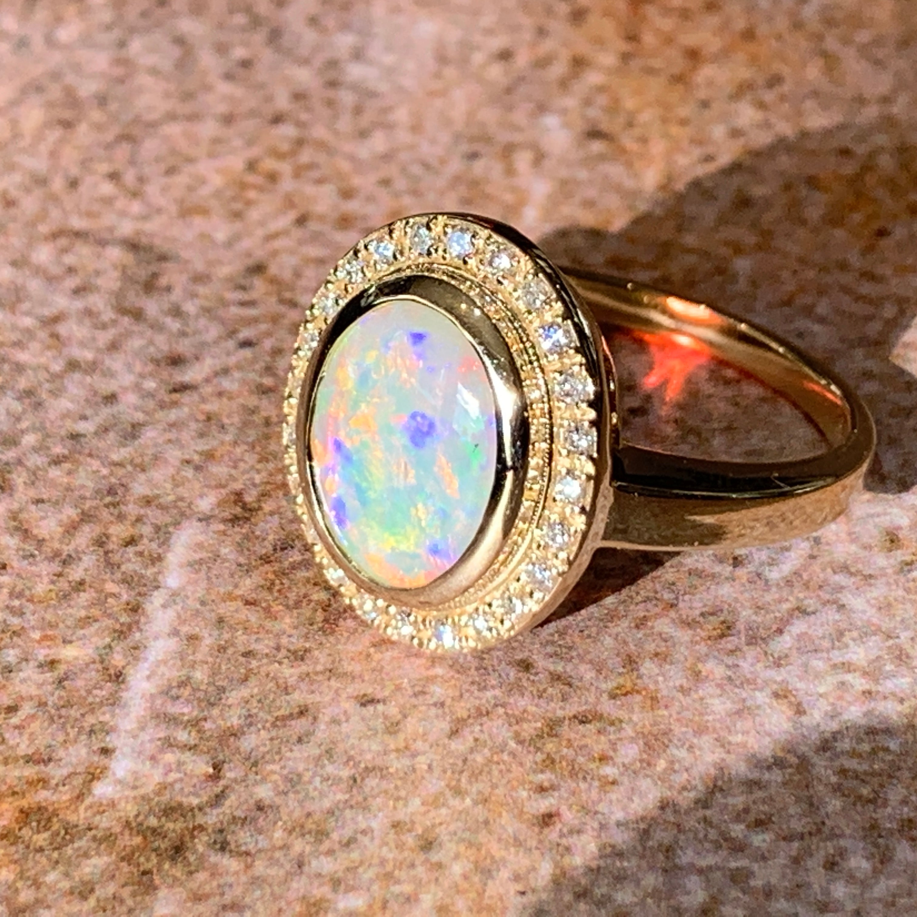 14kt Yellow Gold White Fire Opal and diamond ring - Masterpiece Jewellery Opal & Gems Sydney Australia | Online Shop