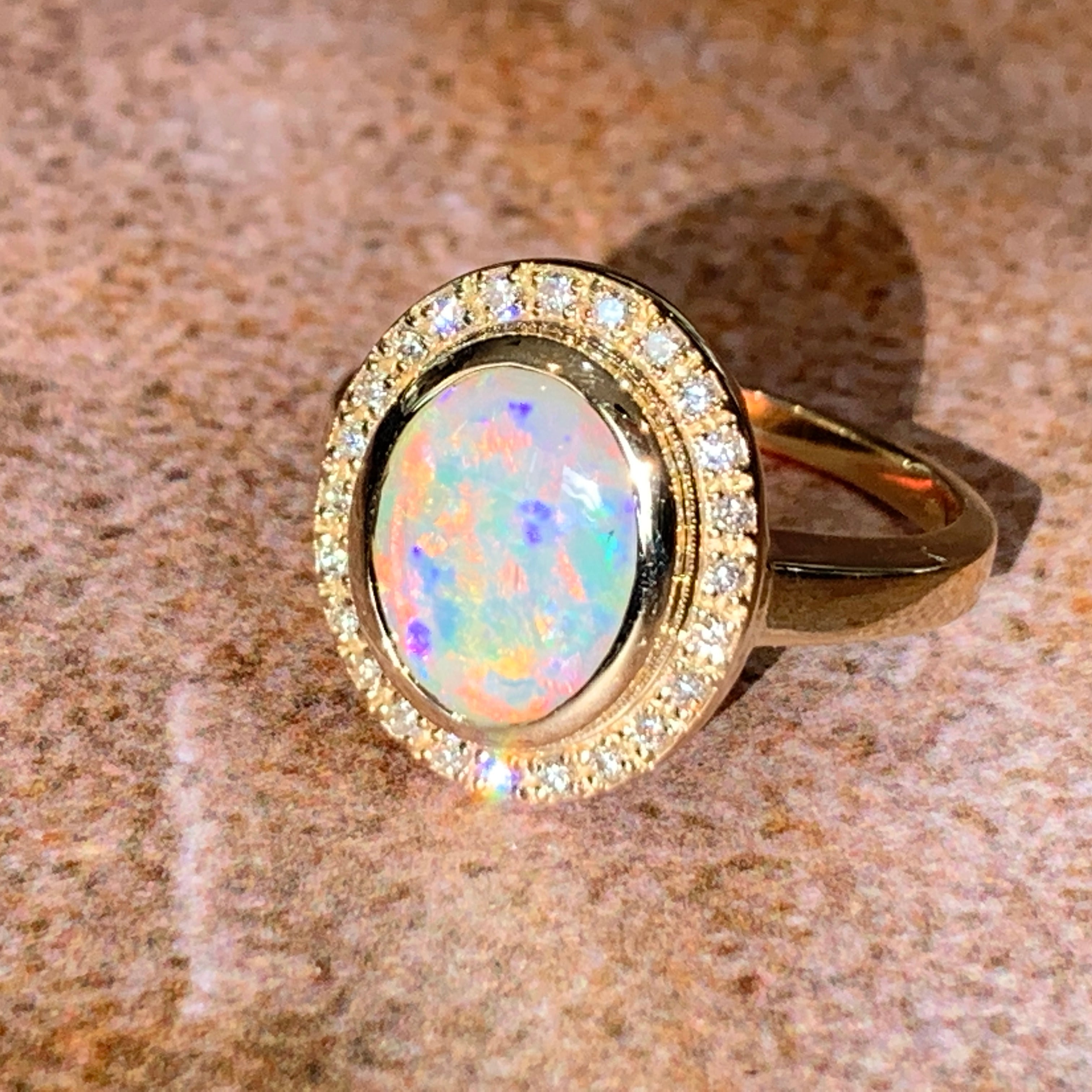 14kt Yellow Gold White Fire Opal and diamond ring - Masterpiece Jewellery Opal & Gems Sydney Australia | Online Shop