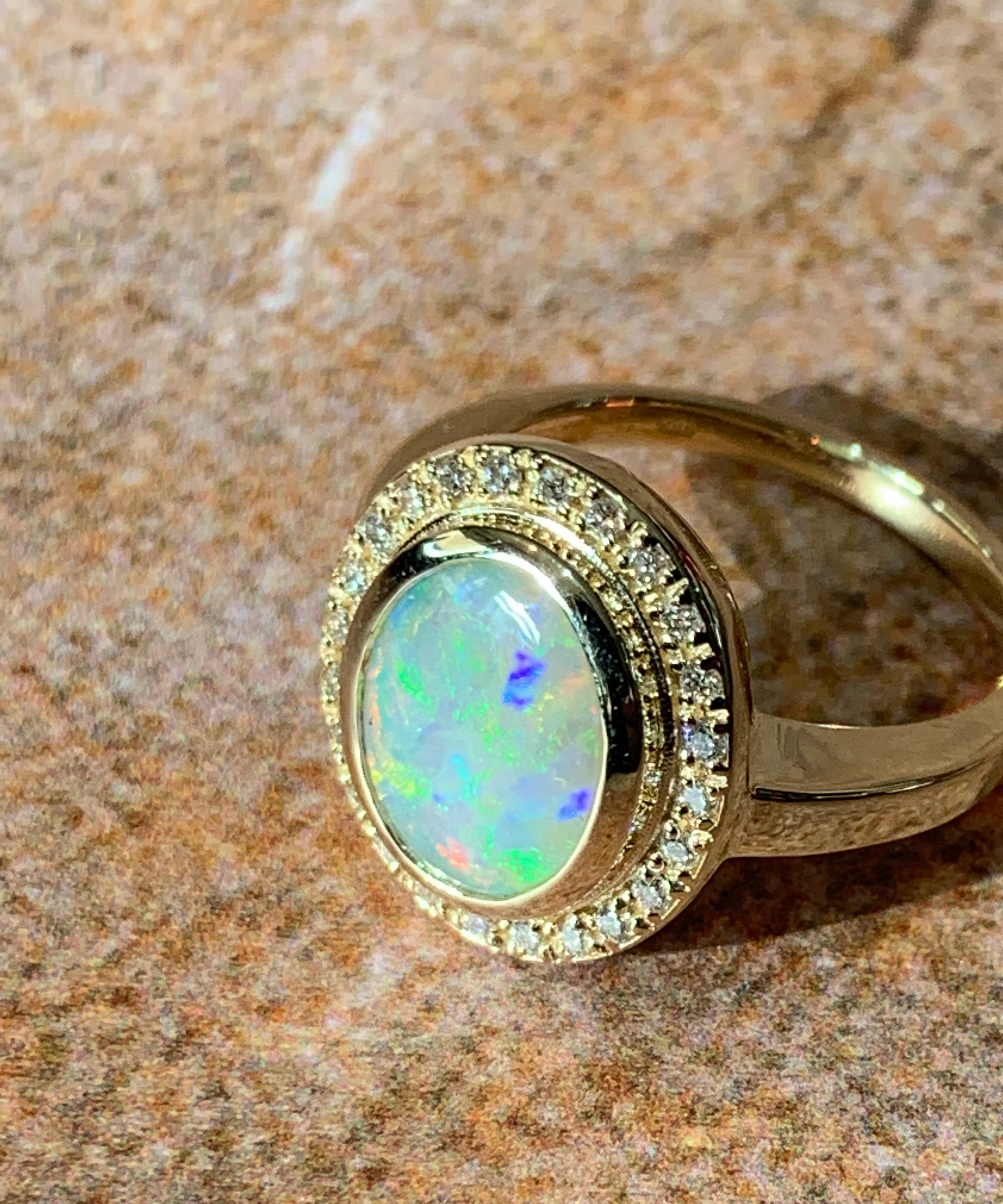 14kt Yellow Gold White Fire Opal and diamond ring - Masterpiece Jewellery Opal & Gems Sydney Australia | Online Shop
