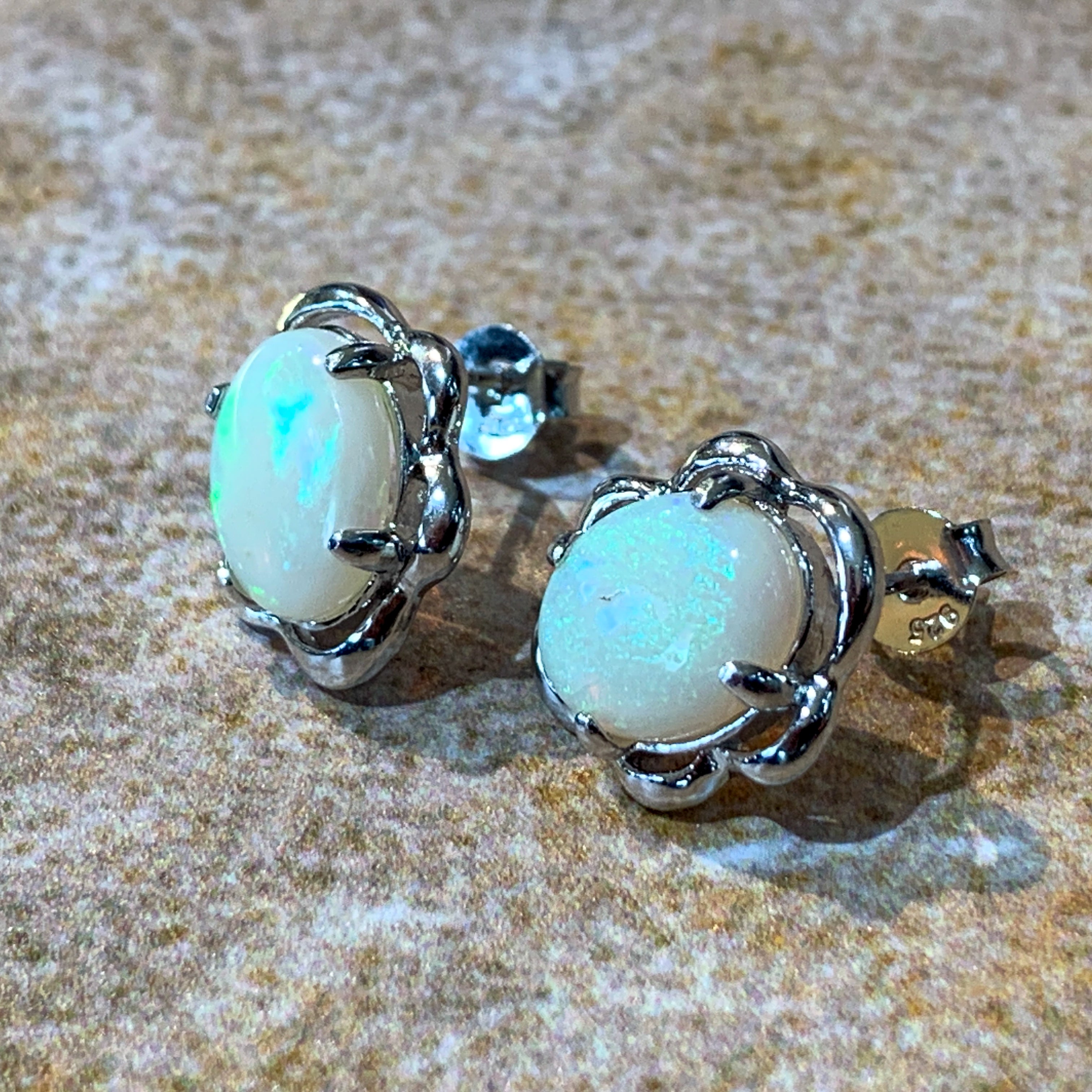 Sterling Silver 10x8mm White Opal fancy studs floral - Masterpiece Jewellery Opal & Gems Sydney Australia | Online Shop
