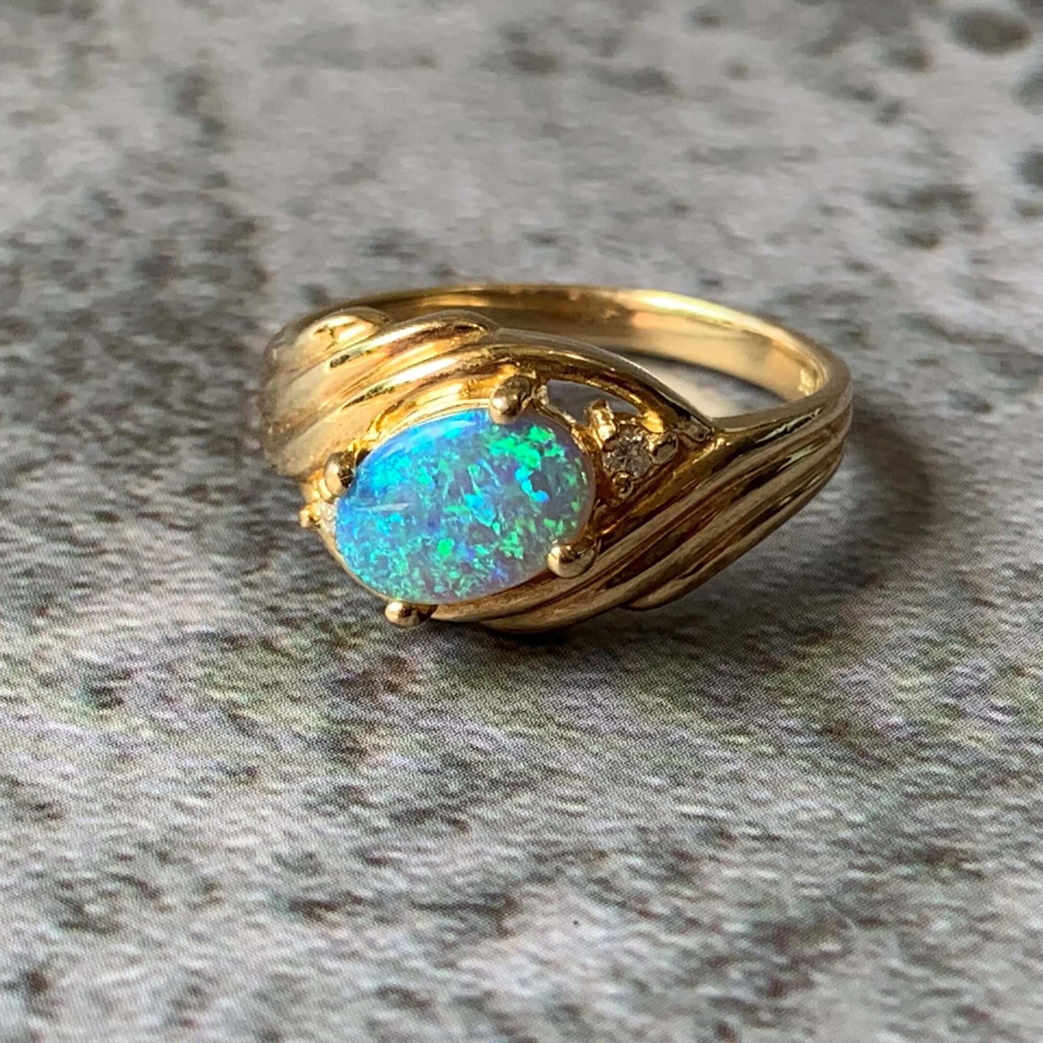 18kt Yellow Gold Black Opal and Diamond slanted ring - Masterpiece Jewellery Opal & Gems Sydney Australia | Online Shop