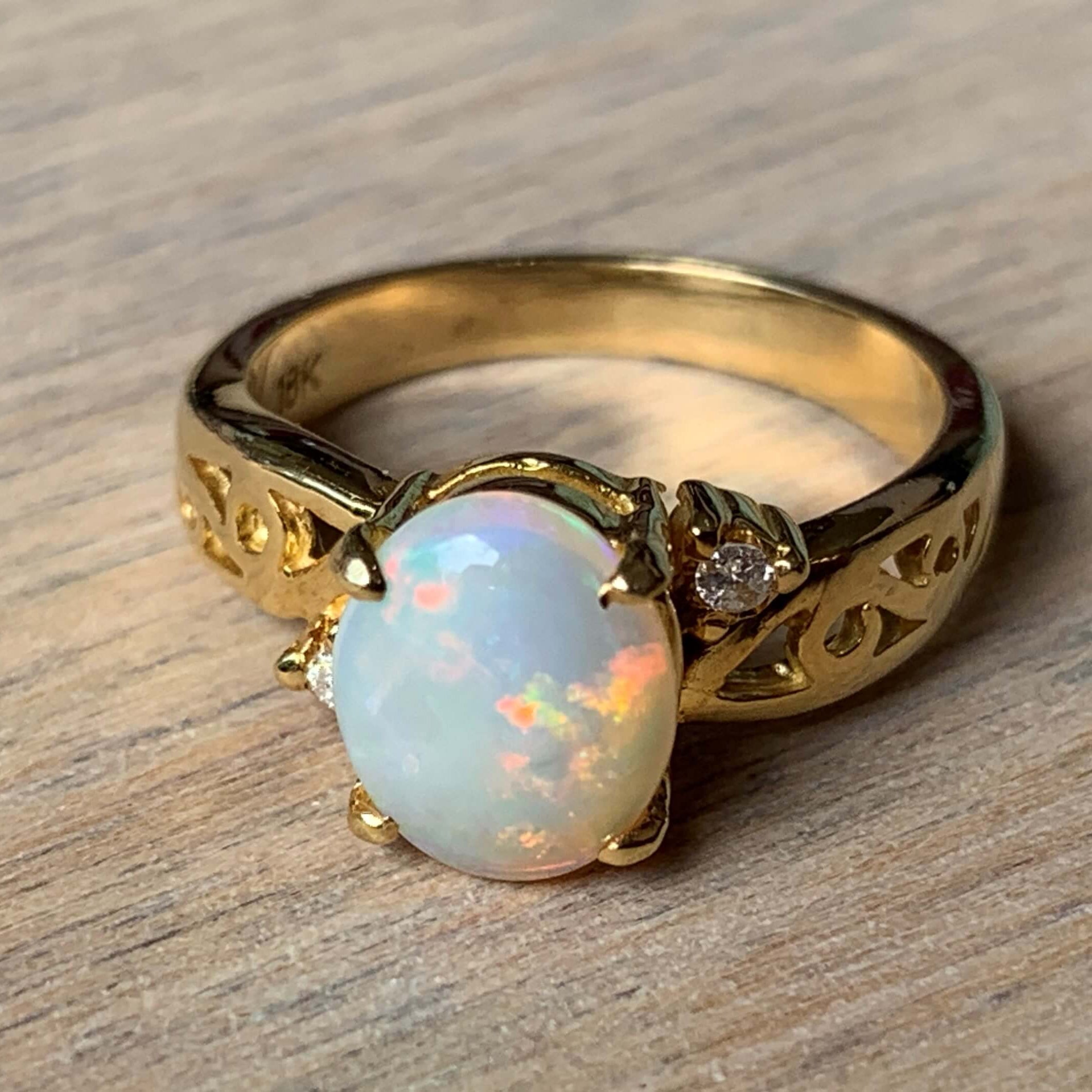 18kt Yellow Gold White Opal and Diamond ring - Masterpiece Jewellery Opal & Gems Sydney Australia | Online Shop