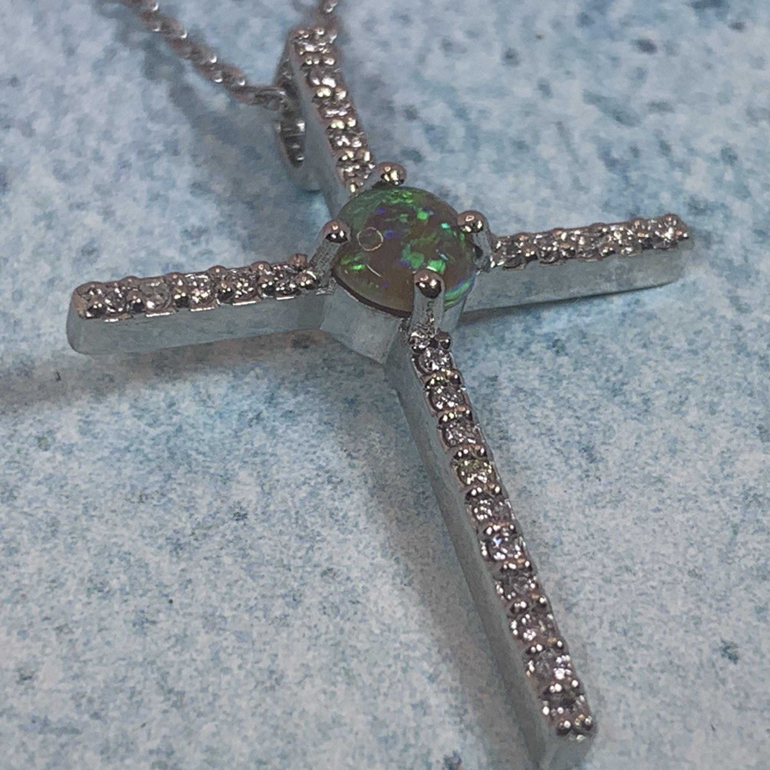 Platinum Cross set with Black Opal and Diamonds - Masterpiece Jewellery Opal & Gems Sydney Australia | Online Shop