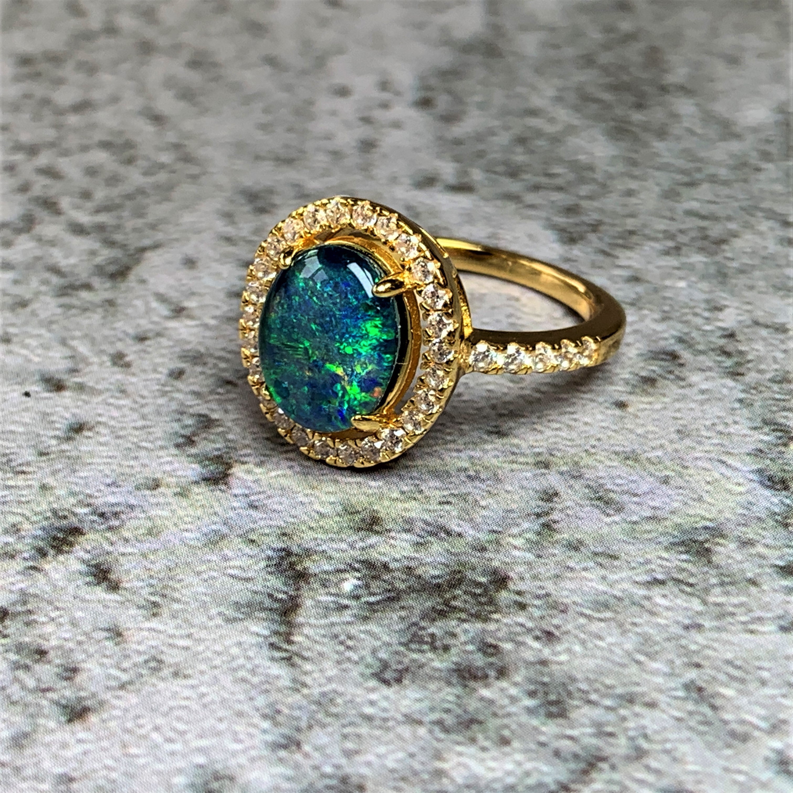 Gold Plated Sterling Silver Opal triplet 10x8mm halo ring - Masterpiece Jewellery Opal & Gems Sydney Australia | Online Shop