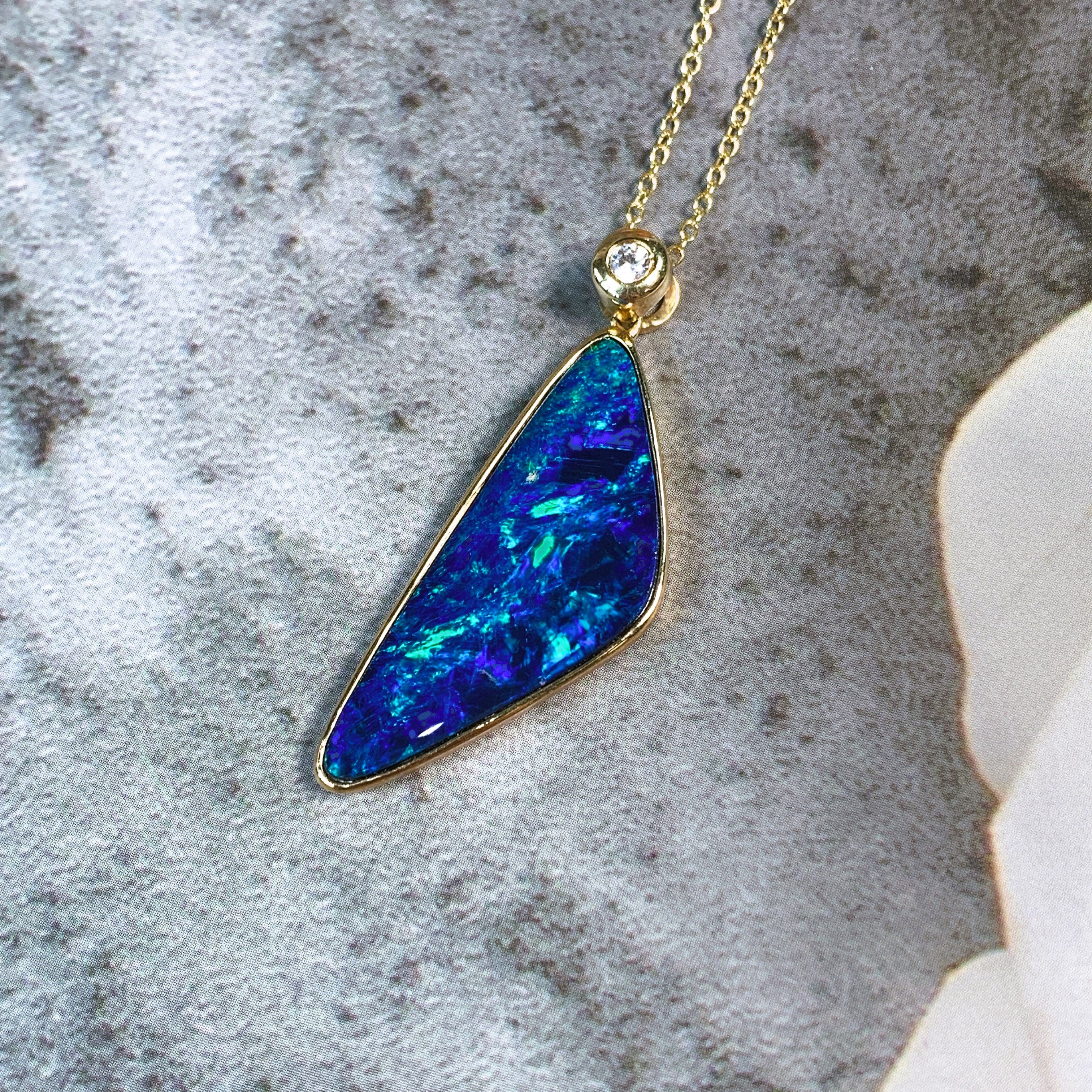14kt Yellow Gold Opal doublet 3.44ct and Diamond 0.03ct triangular pendant - Masterpiece Jewellery Opal & Gems Sydney Australia | Online Shop