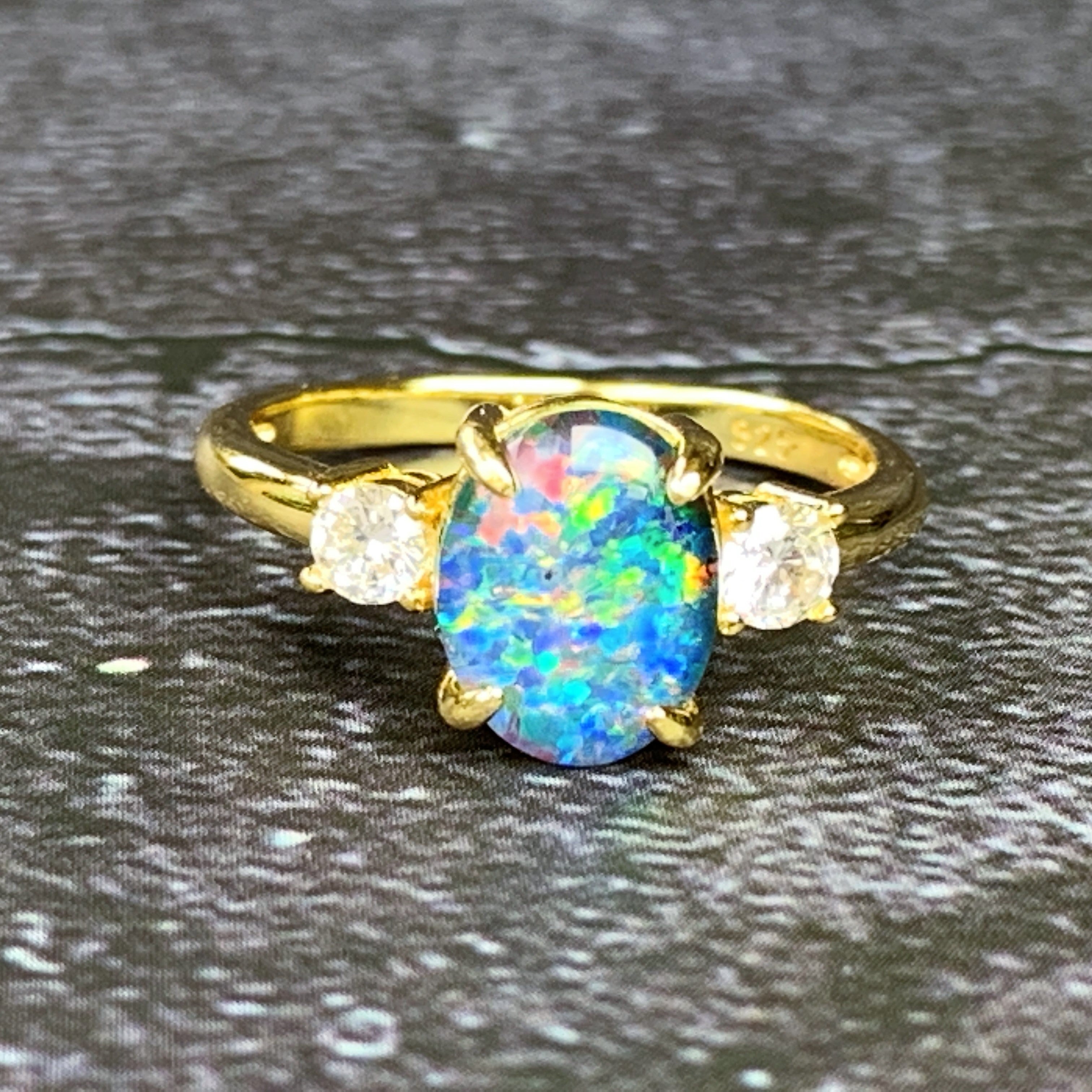 Gold plated Silver 9x7mm Opal triplet 3 stone ring - Masterpiece Jewellery Opal & Gems Sydney Australia | Online Shop