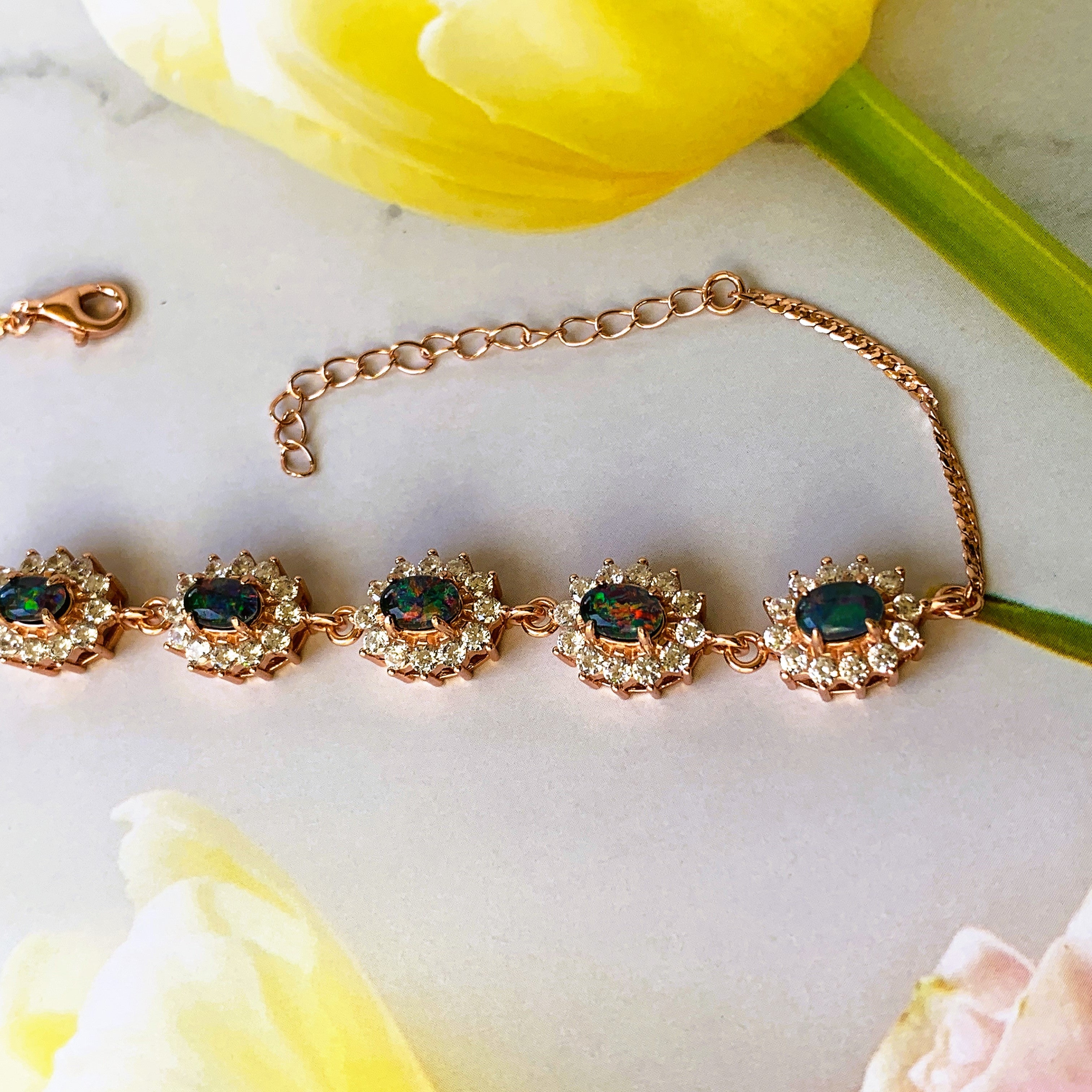 18kt Rose Gold plated Silver Opal 6x4mm Triplet cluster bracelet - Masterpiece Jewellery Opal & Gems Sydney Australia | Online Shop