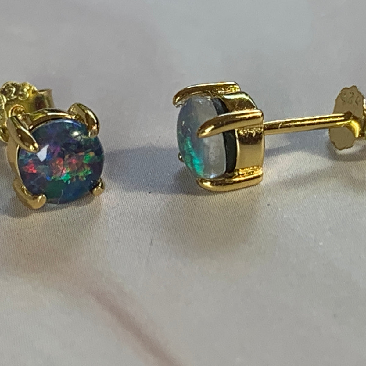 Gold Plated Sterling Silver 5mm Opal triplets claw set studs - Masterpiece Jewellery Opal & Gems Sydney Australia | Online Shop
