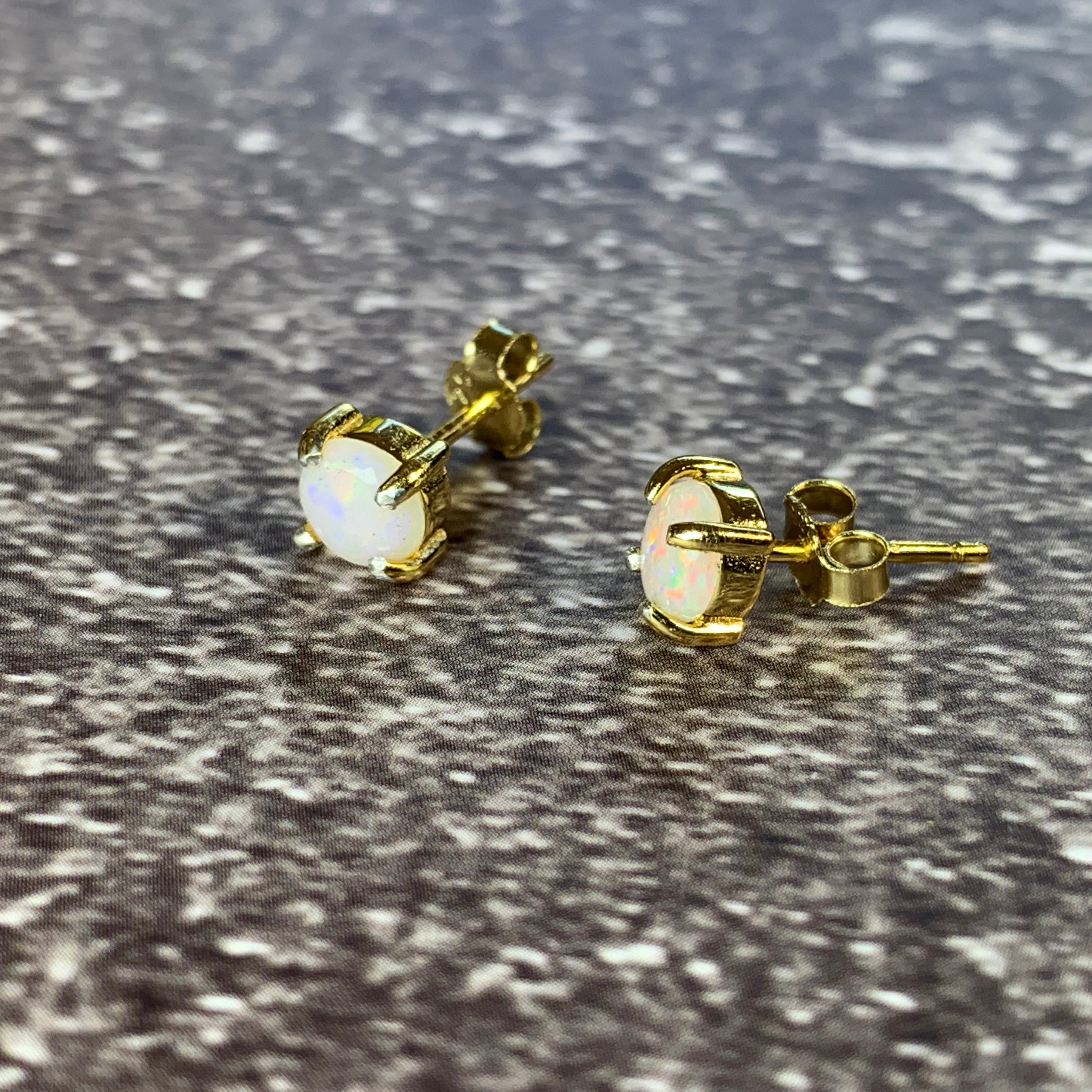 5mm Round White Opal Yellow Gold plated studs claw set - Masterpiece Jewellery Opal & Gems Sydney Australia | Online Shop