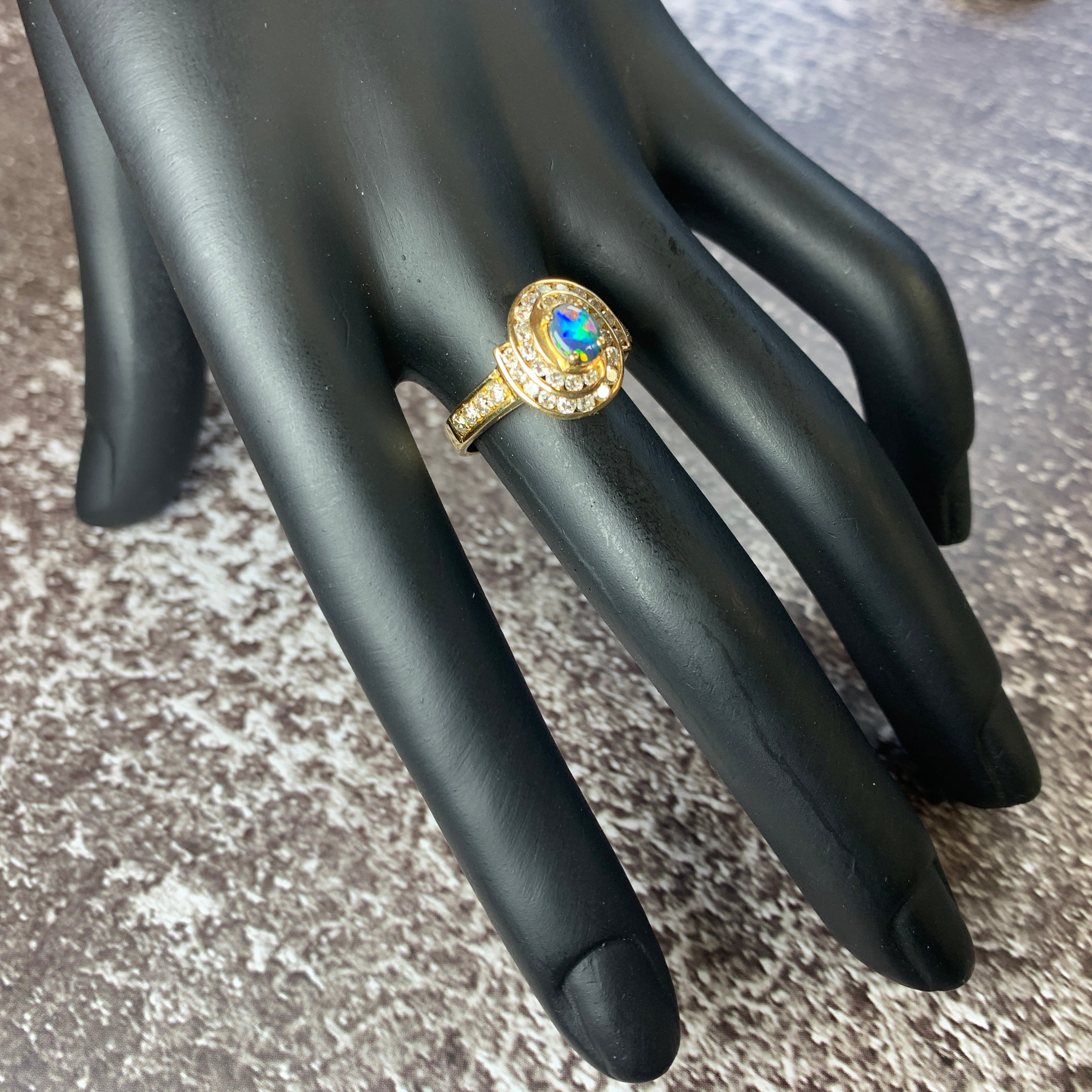 18kt Yellow Gold cluster Black Opal 0.3 Diamonds 0.44 ring - Masterpiece Jewellery Opal & Gems Sydney Australia | Online Shop