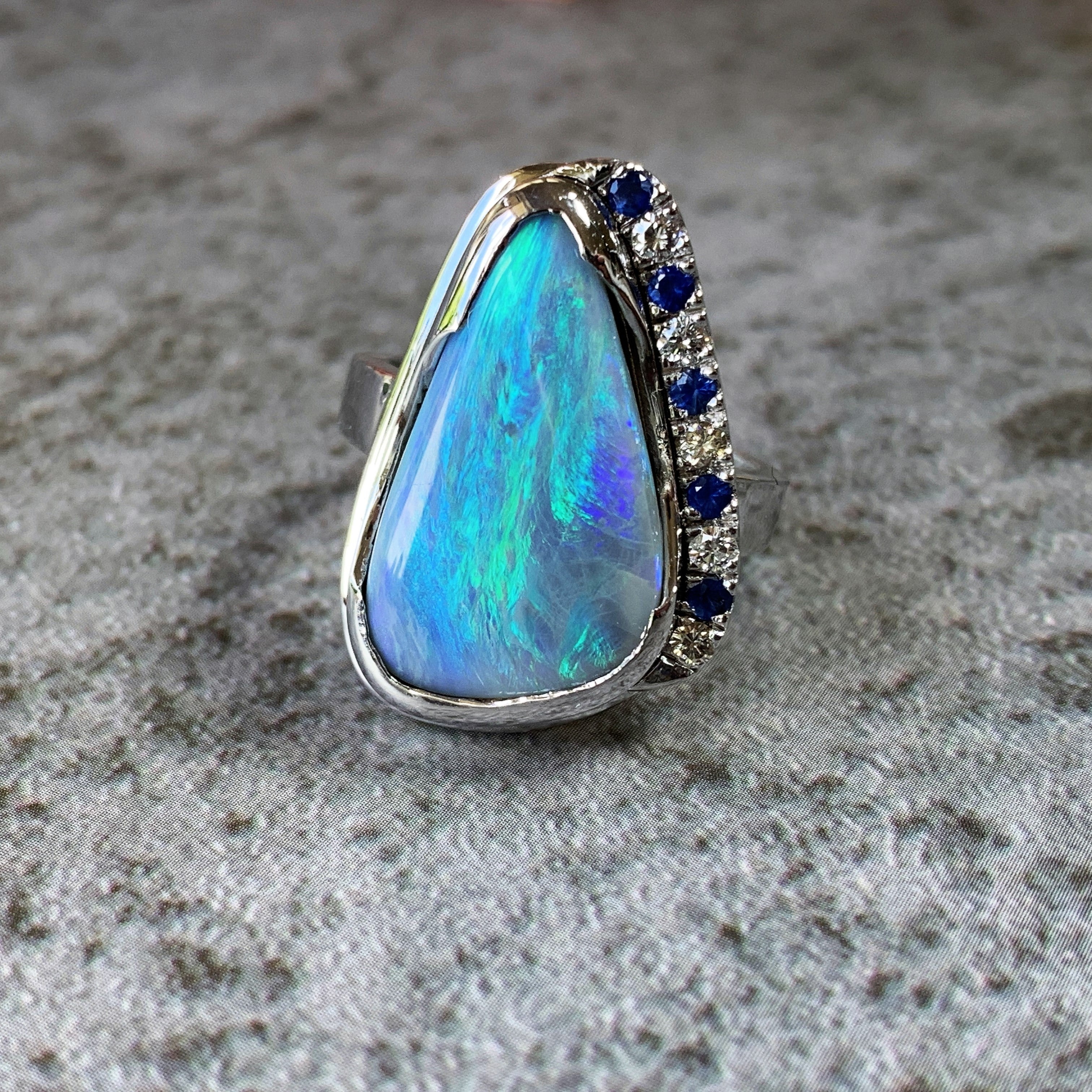 18kt White Gold bezel set Black Opal, Sapphire and Diamond ring - Masterpiece Jewellery Opal & Gems Sydney Australia | Online Shop
