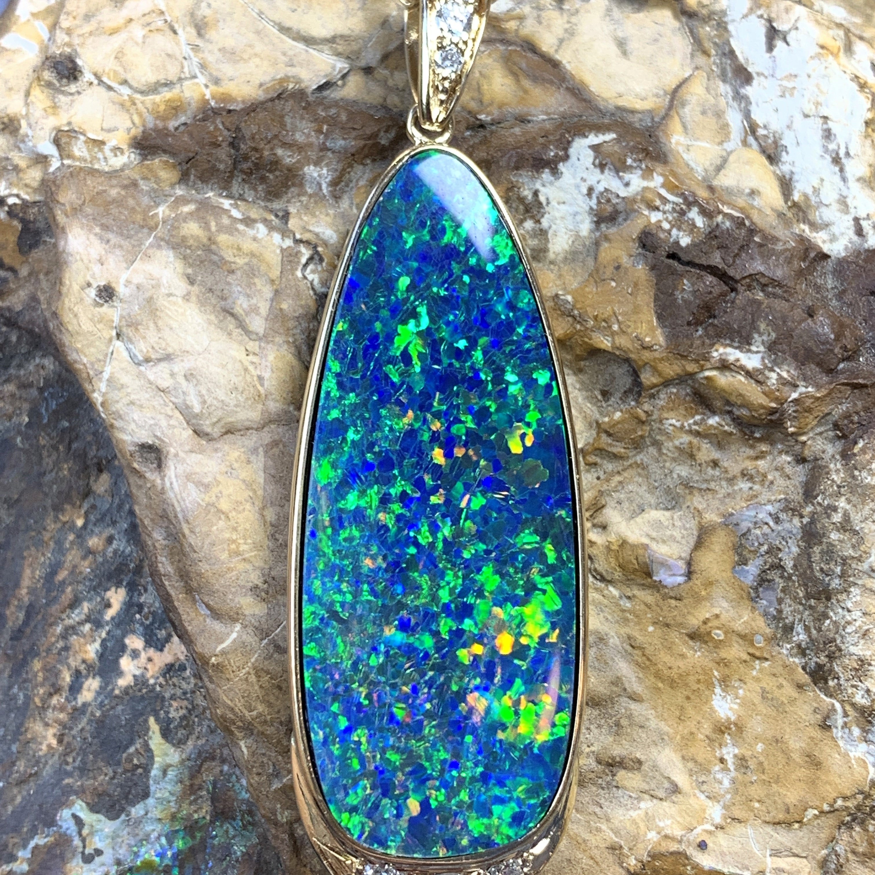 14kt Yellow Gold 12.77ct Opal doublet and Diamond pendant - Masterpiece Jewellery Opal & Gems Sydney Australia | Online Shop