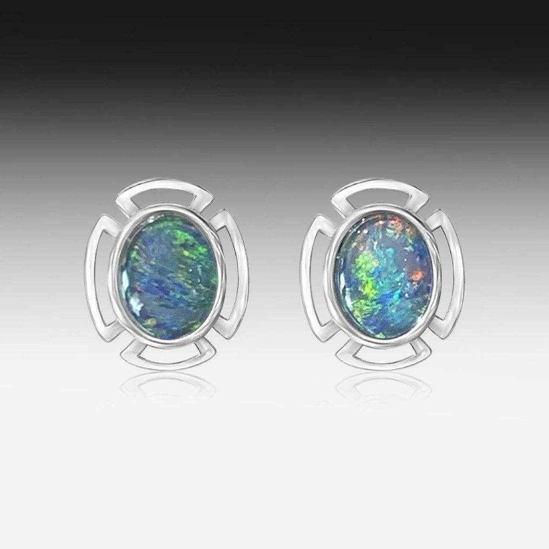 Sterling Silver Opal triplet cut out design studs - Masterpiece Jewellery Opal & Gems Sydney Australia | Online Shop