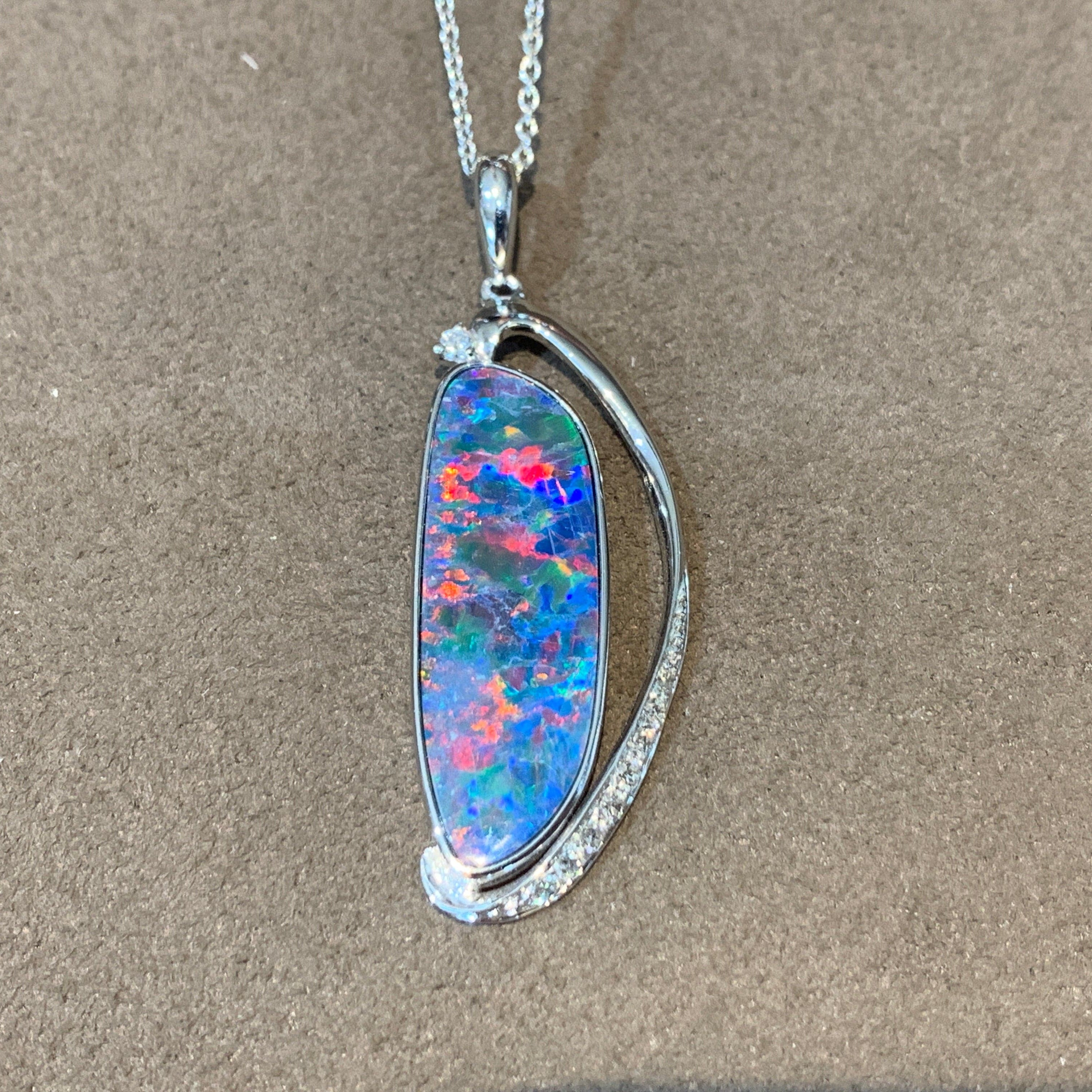 14kt White Gold Opal and diamond pendant - Masterpiece Jewellery Opal & Gems Sydney Australia | Online Shop