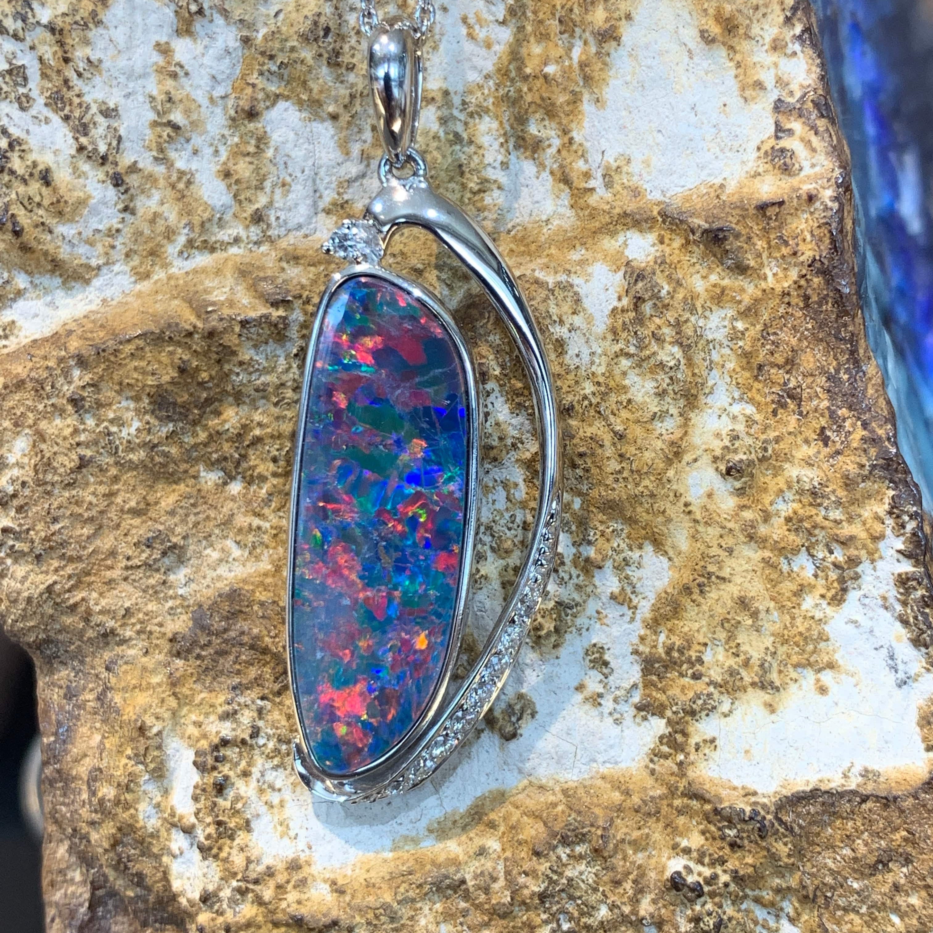 14kt White Gold Opal and diamond pendant - Masterpiece Jewellery Opal & Gems Sydney Australia | Online Shop