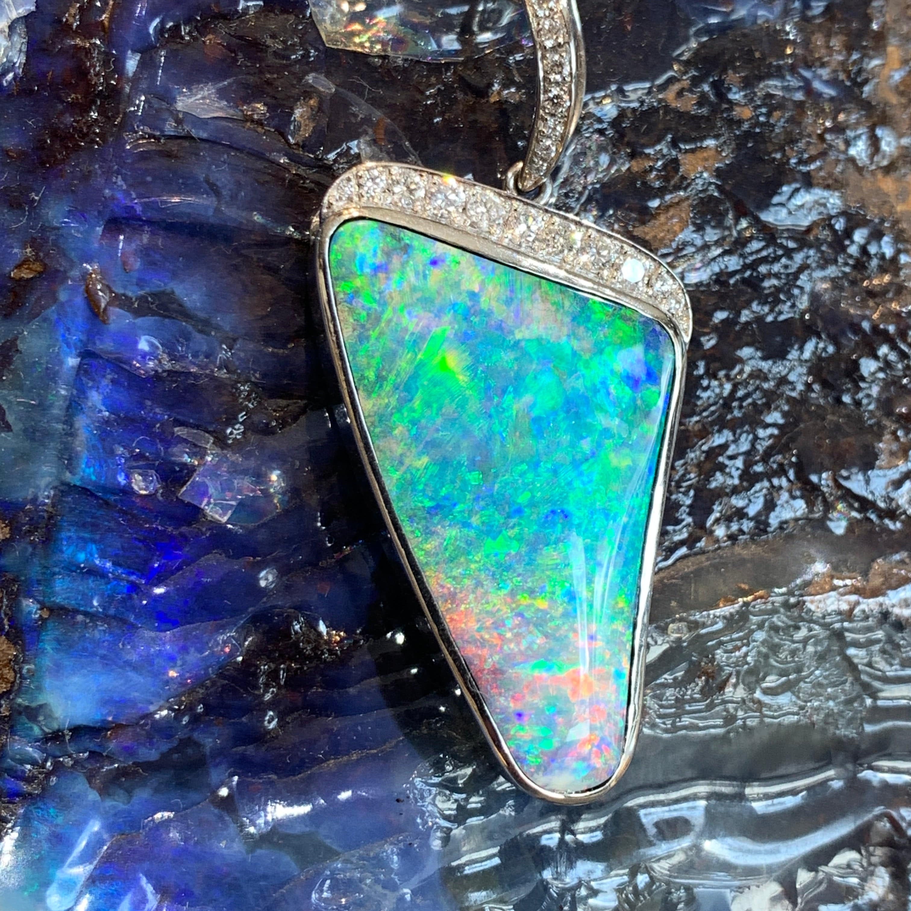 18kt White Gold Boulder Opal and Diamond pendant - Masterpiece Jewellery Opal & Gems Sydney Australia | Online Shop