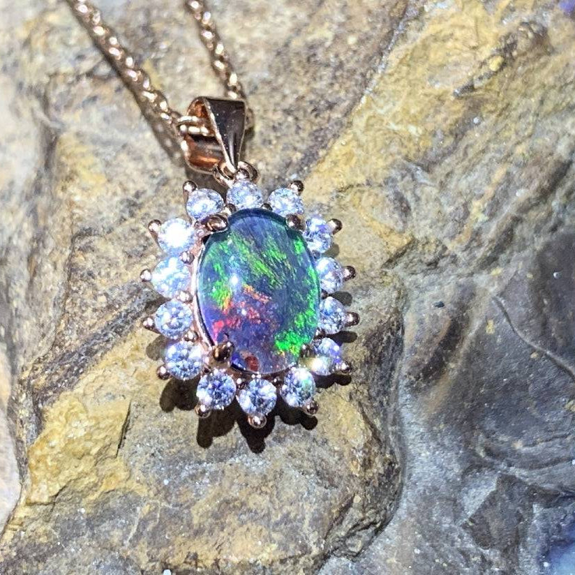 Sterling Silver Rose Gold plated Opal triplet cluster pendant - Masterpiece Jewellery Opal & Gems Sydney Australia | Online Shop