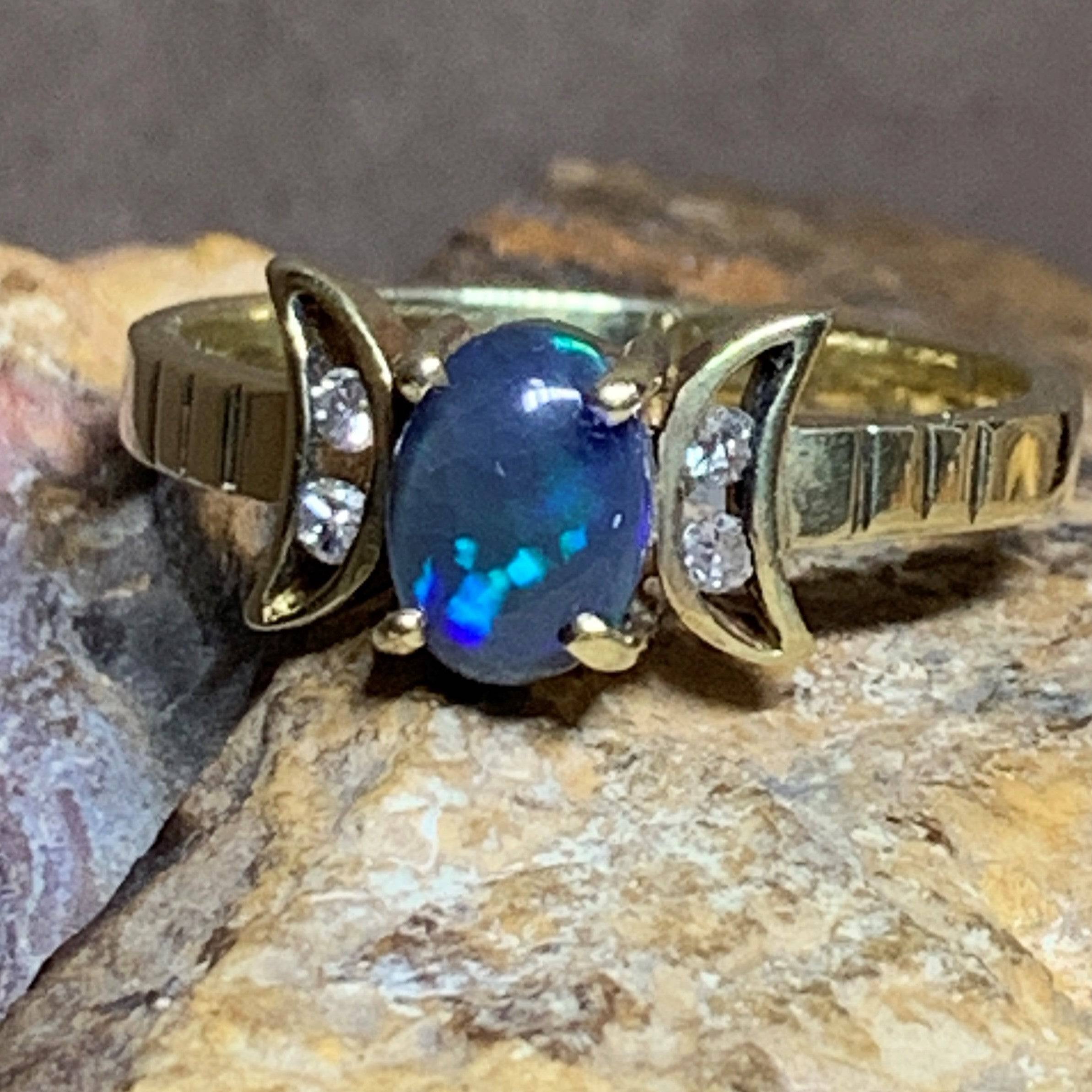 14kt Yellow Gold Black Opal and Diamond ring - Masterpiece Jewellery Opal & Gems Sydney Australia | Online Shop