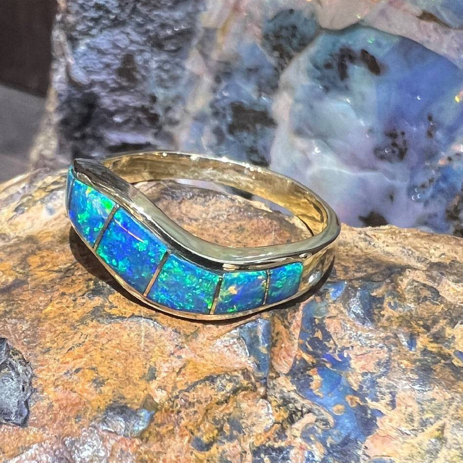 14kt Yellow Gold wave ring set with Opal inlayed - Masterpiece Jewellery Opal & Gems Sydney Australia | Online Shop