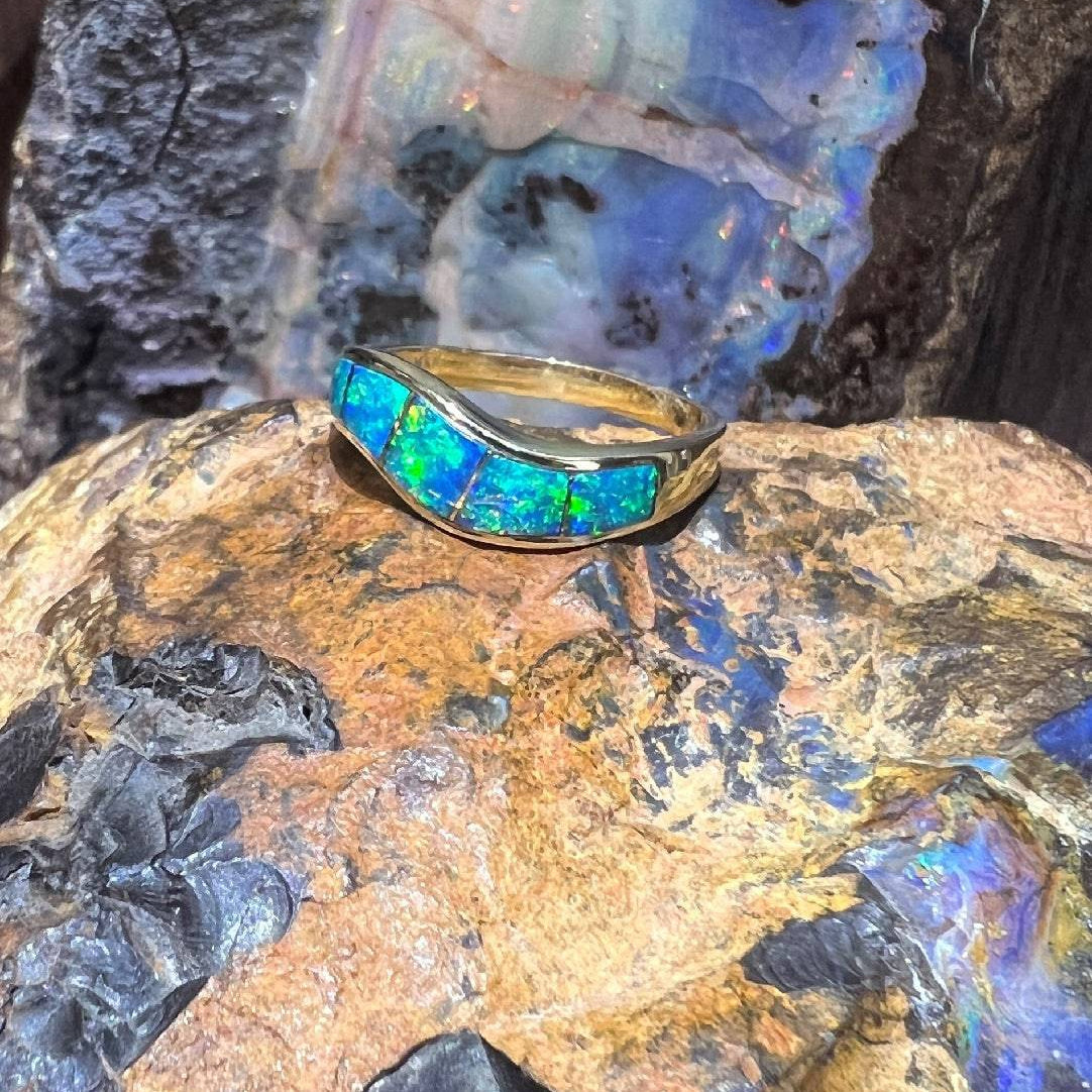 14kt Yellow Gold wave ring set with Opal inlayed - Masterpiece Jewellery Opal & Gems Sydney Australia | Online Shop