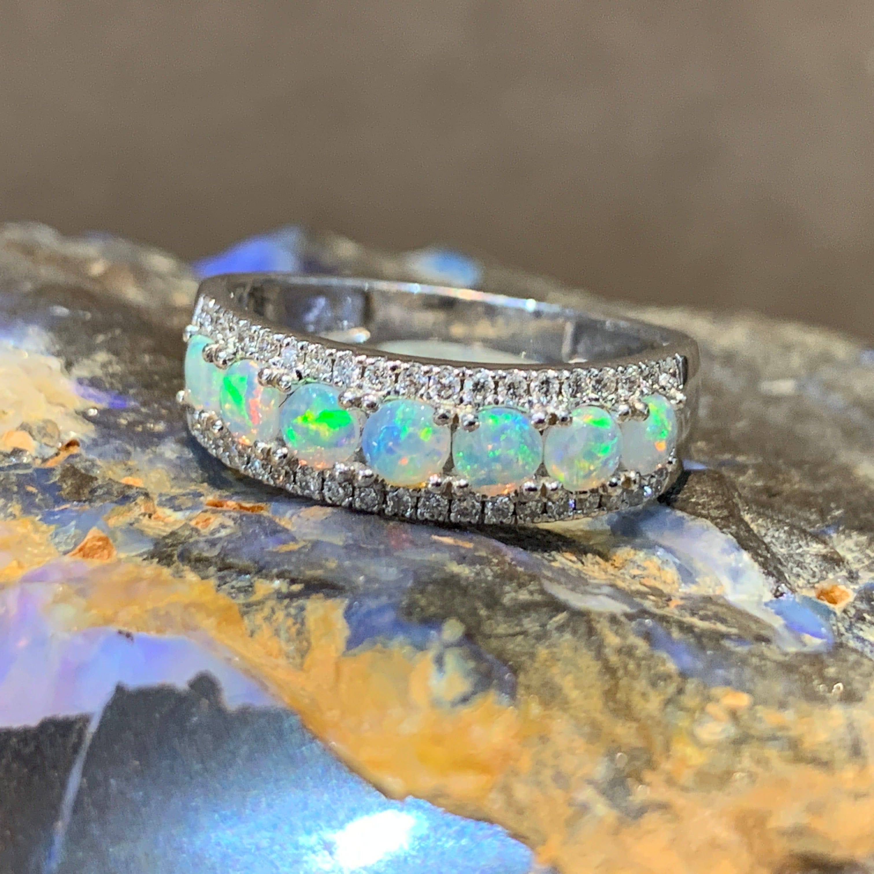18kt White Gold 3 row eternity Opal and diamond ring - Masterpiece Jewellery Opal & Gems Sydney Australia | Online Shop