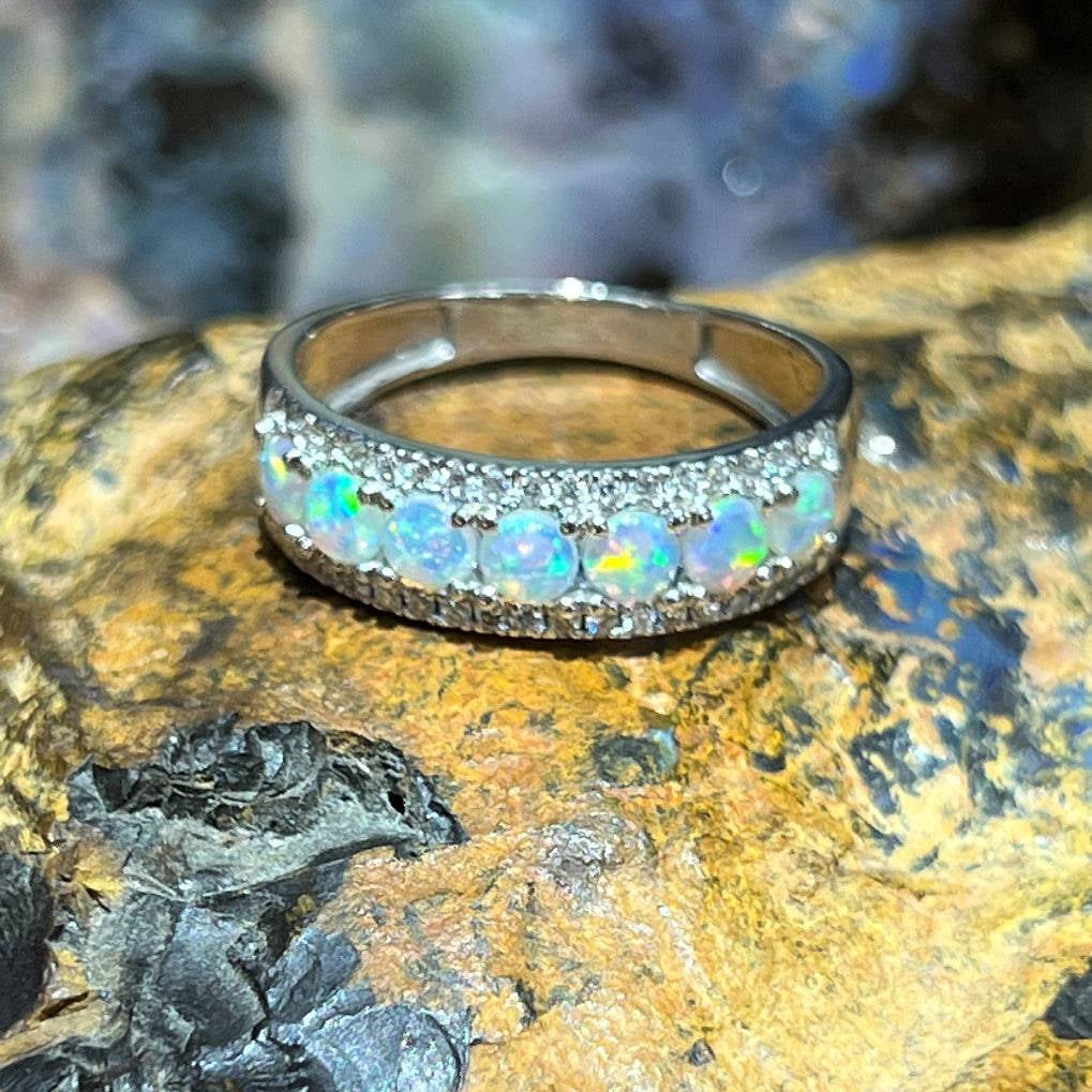 18kt White Gold 3 row eternity Opal and diamond ring - Masterpiece Jewellery Opal & Gems Sydney Australia | Online Shop