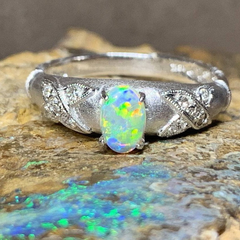 18kt White Gold Crystal Opal and Diamond ring - Masterpiece Jewellery Opal & Gems Sydney Australia | Online Shop
