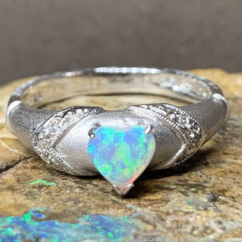 18kt White Gold heart shape Opal and diamond ring - Masterpiece Jewellery Opal & Gems Sydney Australia | Online Shop