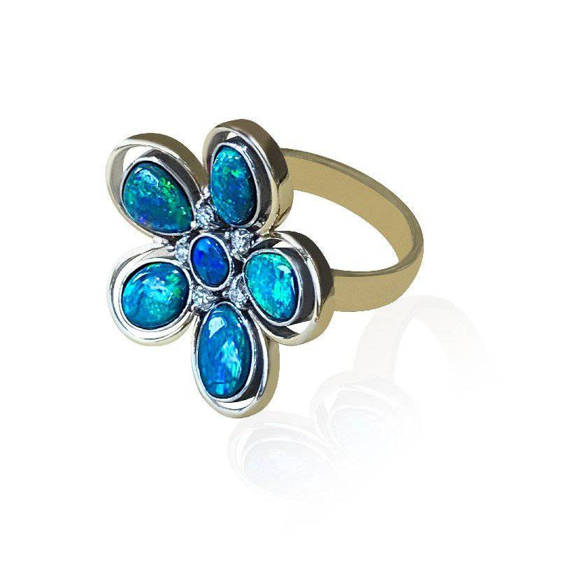 18kt Yellow and White Gold Black Opal floral designer ring - Masterpiece Jewellery Opal & Gems Sydney Australia | Online Shop